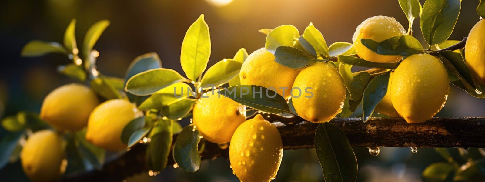 Bunches of fresh yellow lemons with green leaves on background of sunrise. Generative AI by prathanchorruangsak