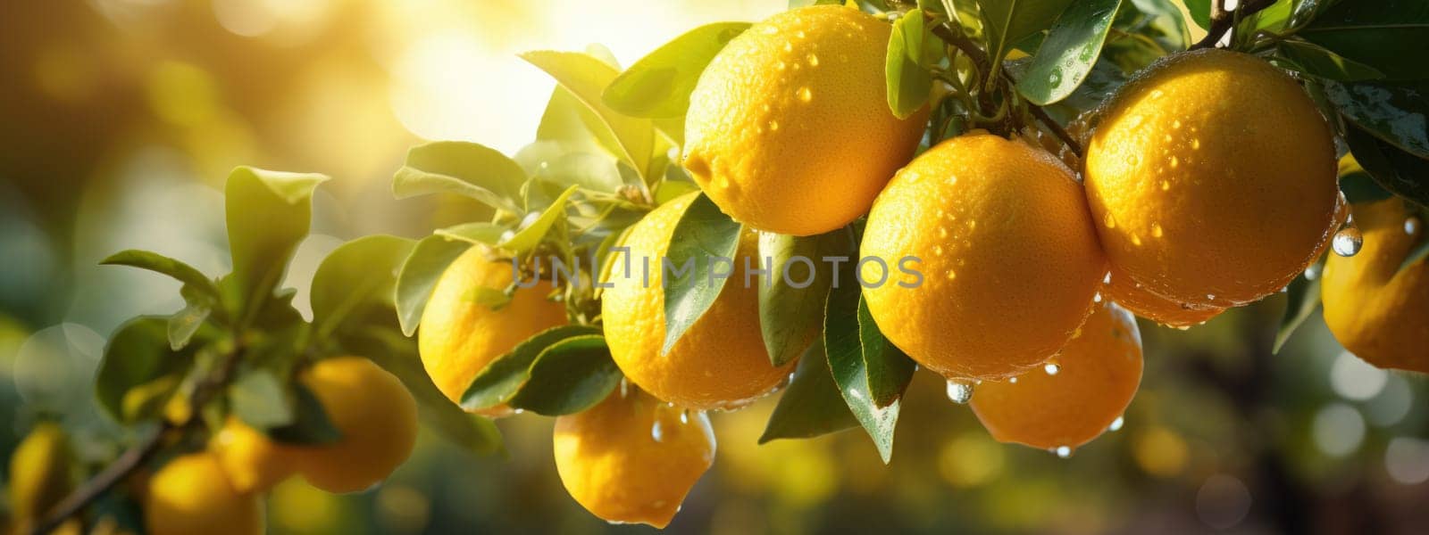 Bunches of fresh yellow lemons with green leaves on background of sunrise. Generative AI.
