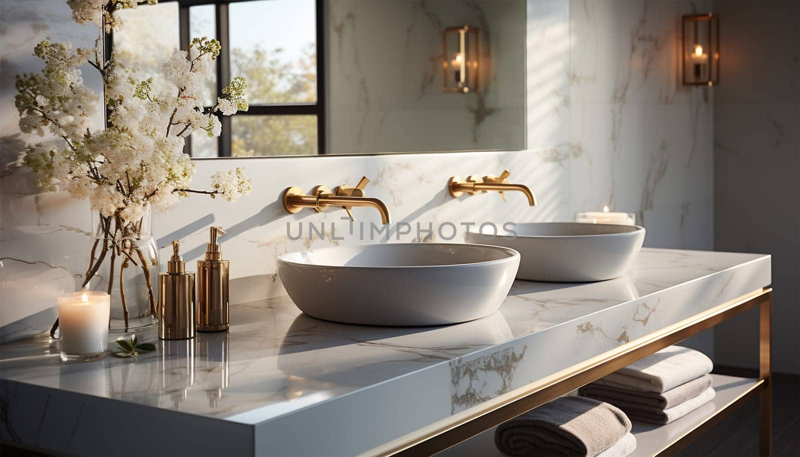 minimalistic bathroom featuring a natural stone countertop with a white sink, attached to a white wall. This mockup-ready countertop can serve as a display stand for bathroom products.3d rendering Luxury white marble bathroom close up