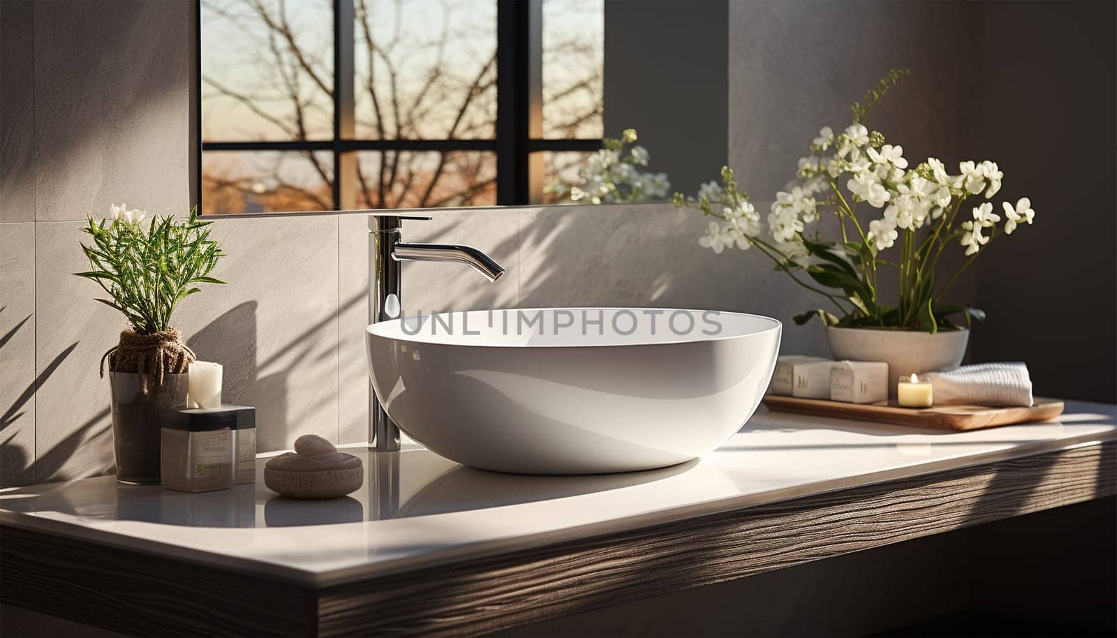 minimalistic bathroom featuring a natural stone countertop with a white sink, attached to a white wall. This mockup-ready countertop can serve as a display stand for bathroom products.3d rendering Luxury white marble bathroom close up