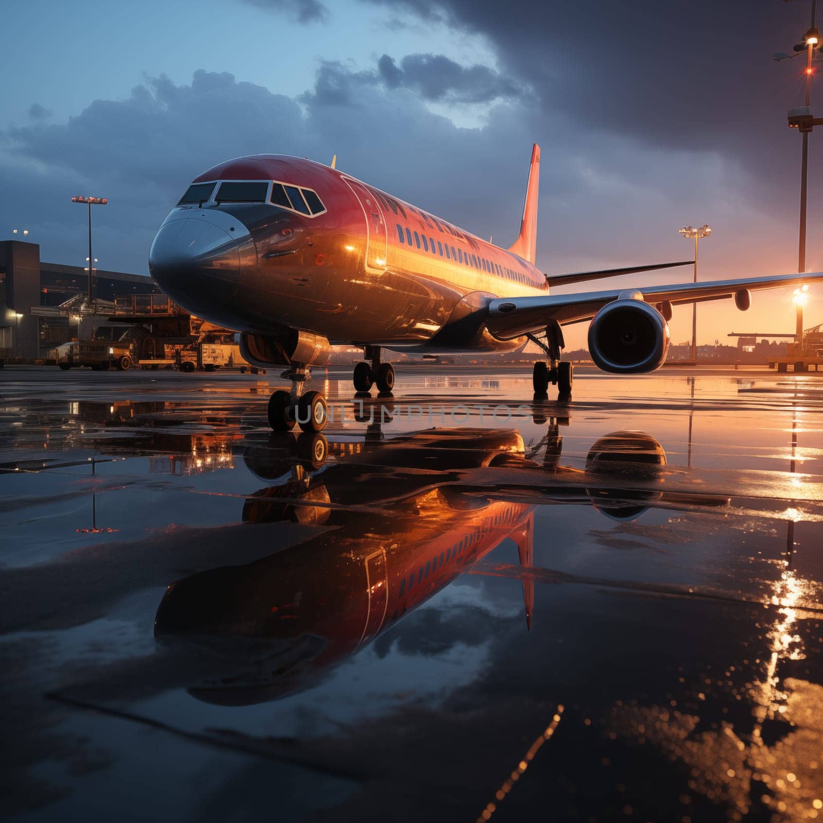 Commercial airplane at the airport at sunset. Generative AI by AnatoliiFoto