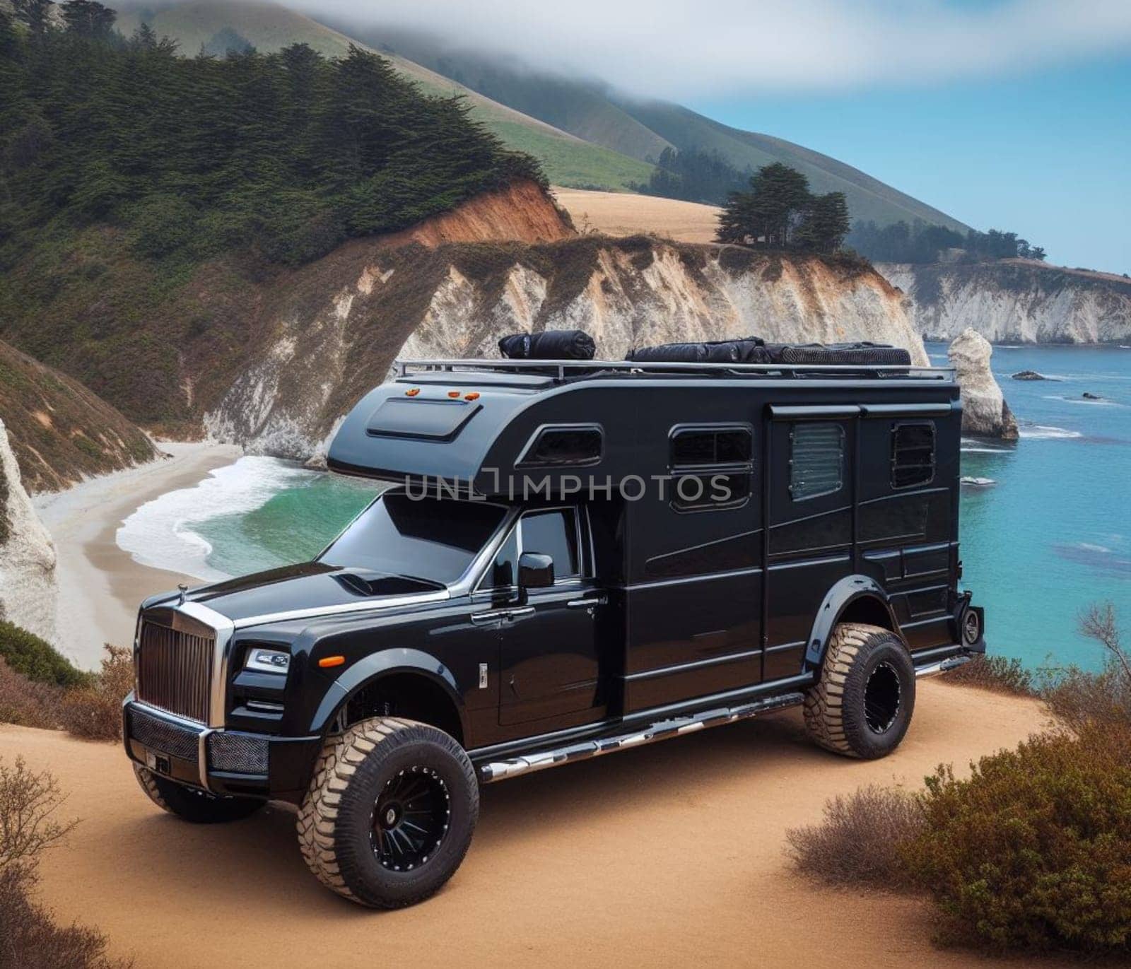 expensive offoroad 4x4 fast sports luxury supercar design camper van conversion for digital nomad avdenture weekender ai art generated