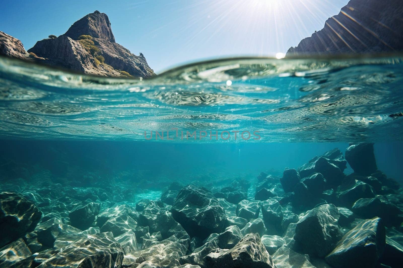 Seabed with clean transparent water and sun rays.