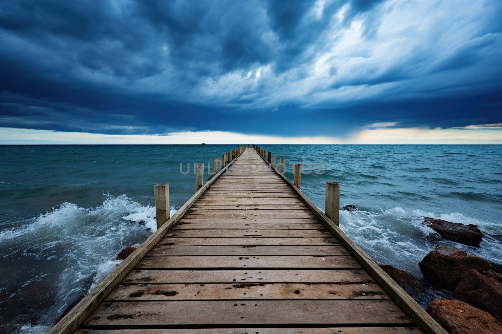A wooden pier extending into the sea against a dark sky.