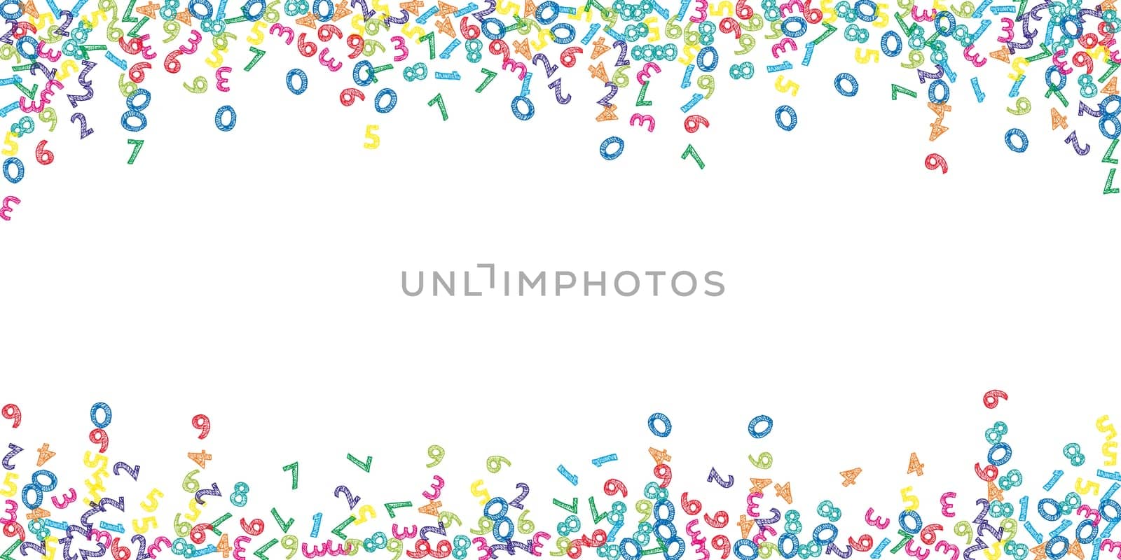 Falling colorful sketch numbers. Math study concept with flying digits. Magnificent back to school mathematics banner on white background. Falling numbers illustration.