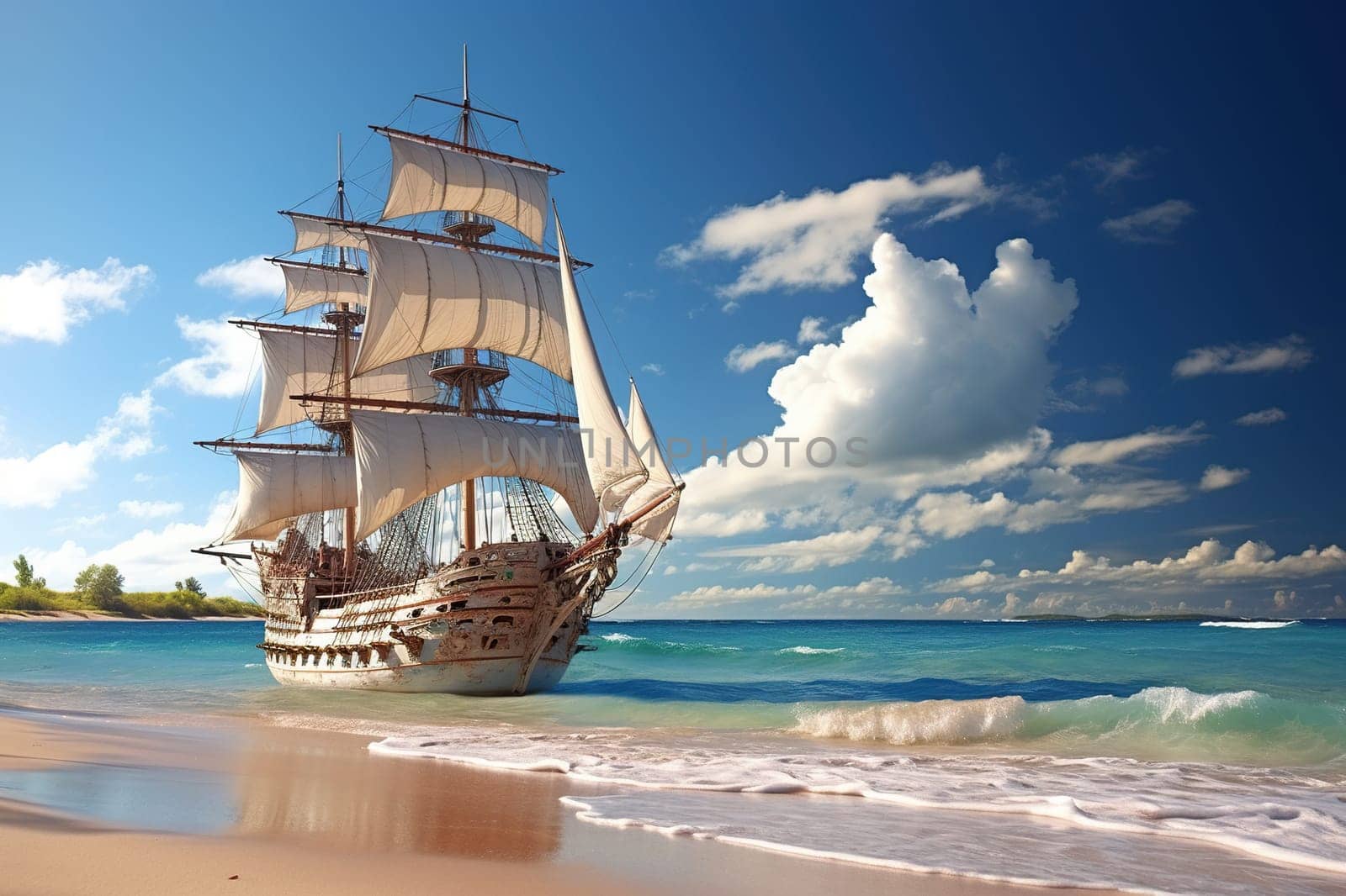A large wooden ship with white sails off the coast during the day.