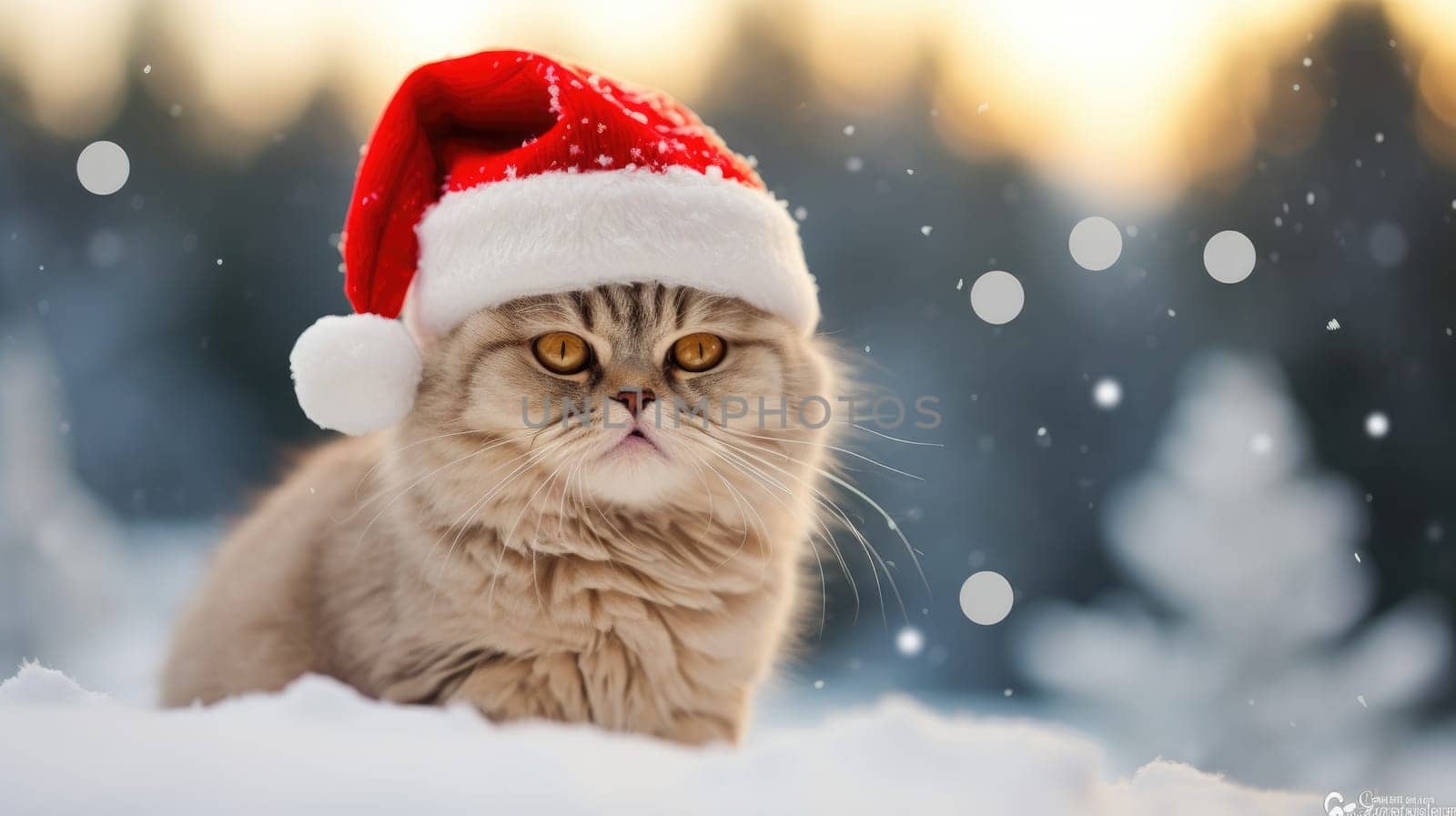 A festive cat in a red Santa Claus hat brings a festive mood for the New Year and Christmas holidays. The cat poses playfully, representing the joy of the season.