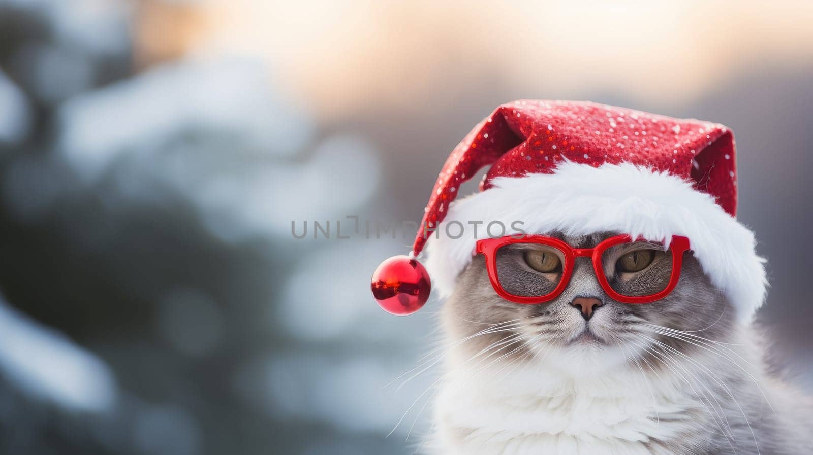 A festive cat in a red Santa Claus hat brings a festive mood for the New Year and Christmas holidays. The cat poses playfully, representing the joy of the season.