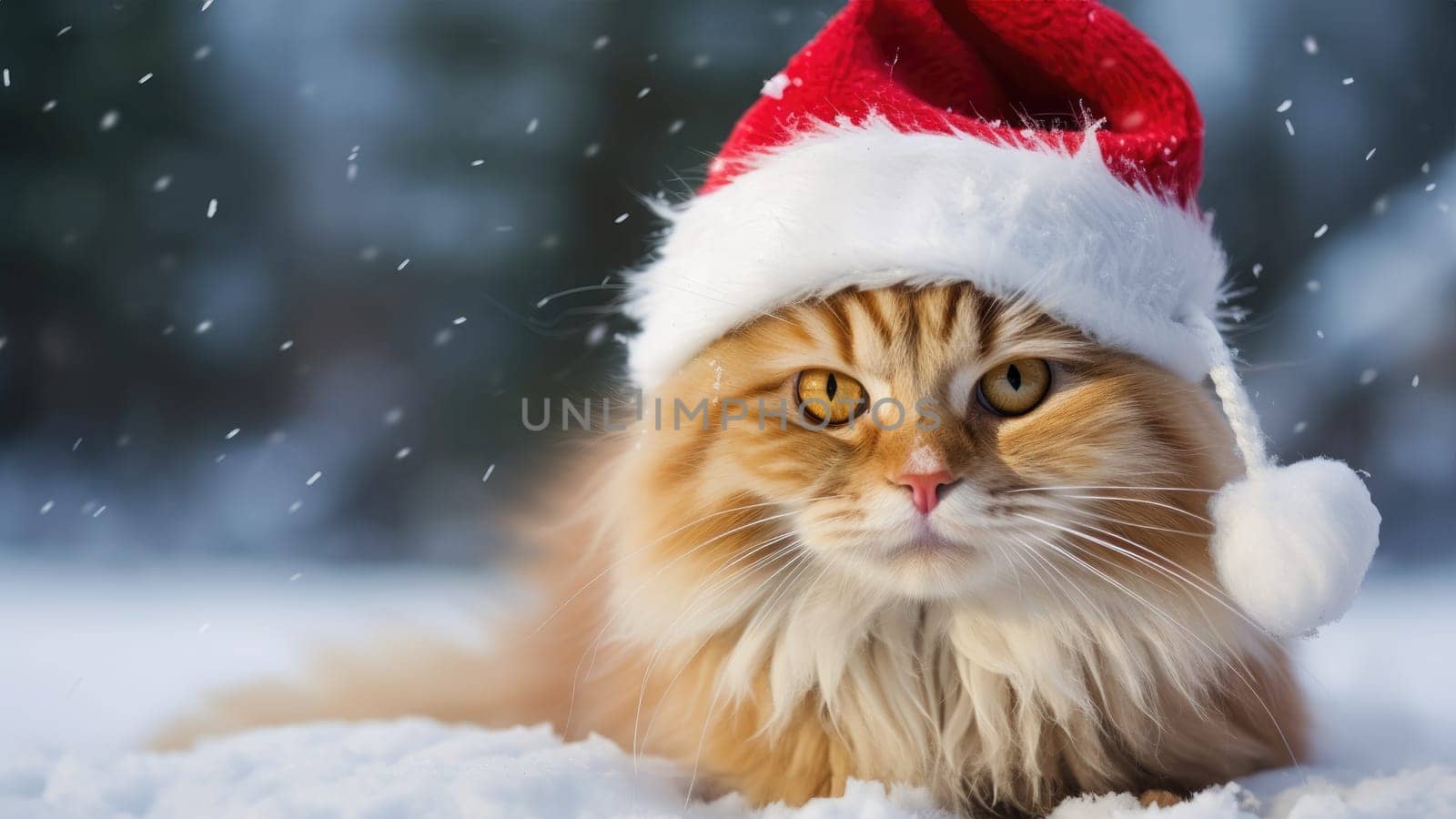 A festive cat in a red Santa Claus hat brings a festive mood for the New Year and Christmas holidays. The cat poses playfully, representing the joy of the season.