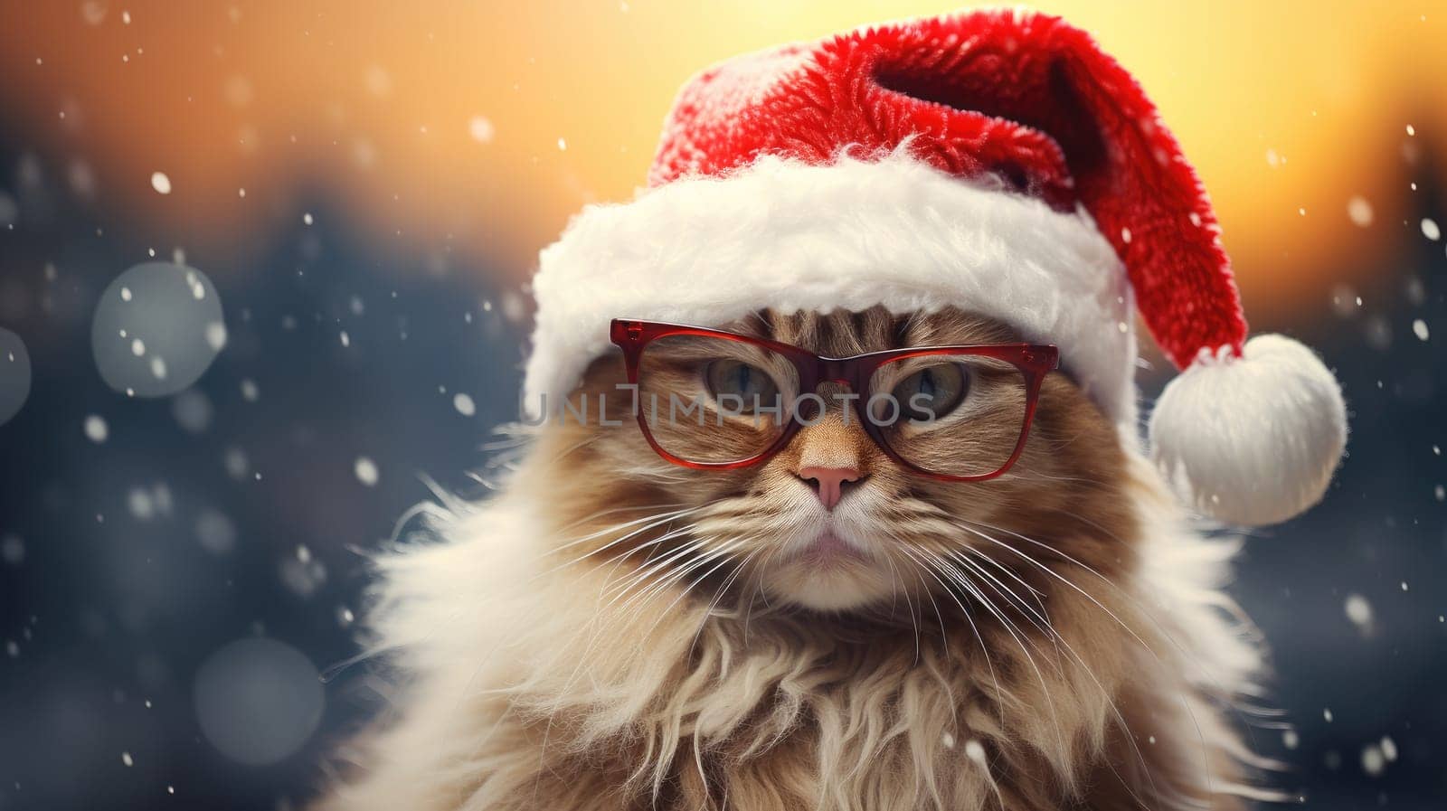 A festive cat in a red Santa Claus hat brings a festive mood for the New Year and Christmas holidays. The cat poses playfully, representing the joy of the season.