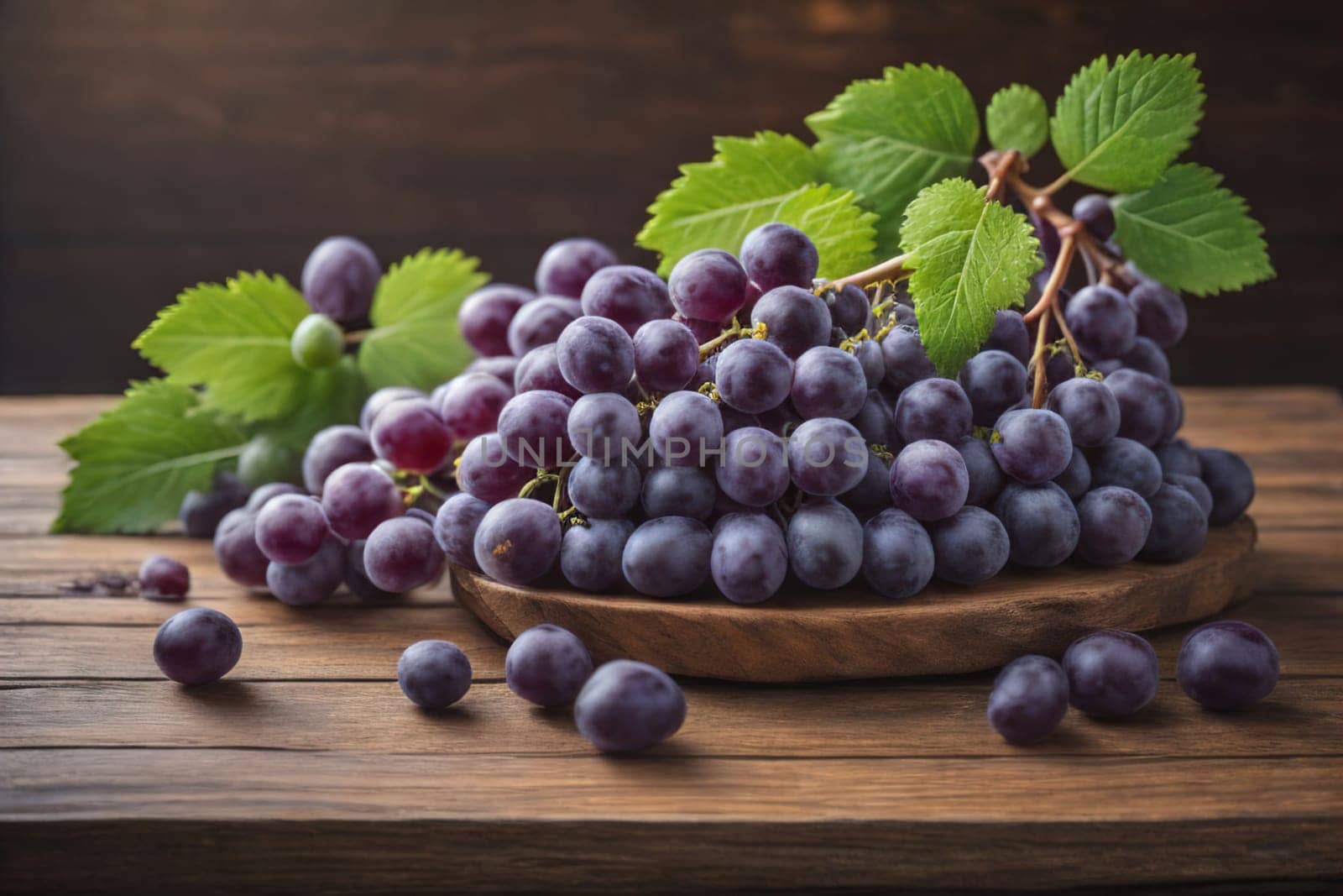 Bunch of fresh grapes on wooden table. Vintage style toned picture. ai generative