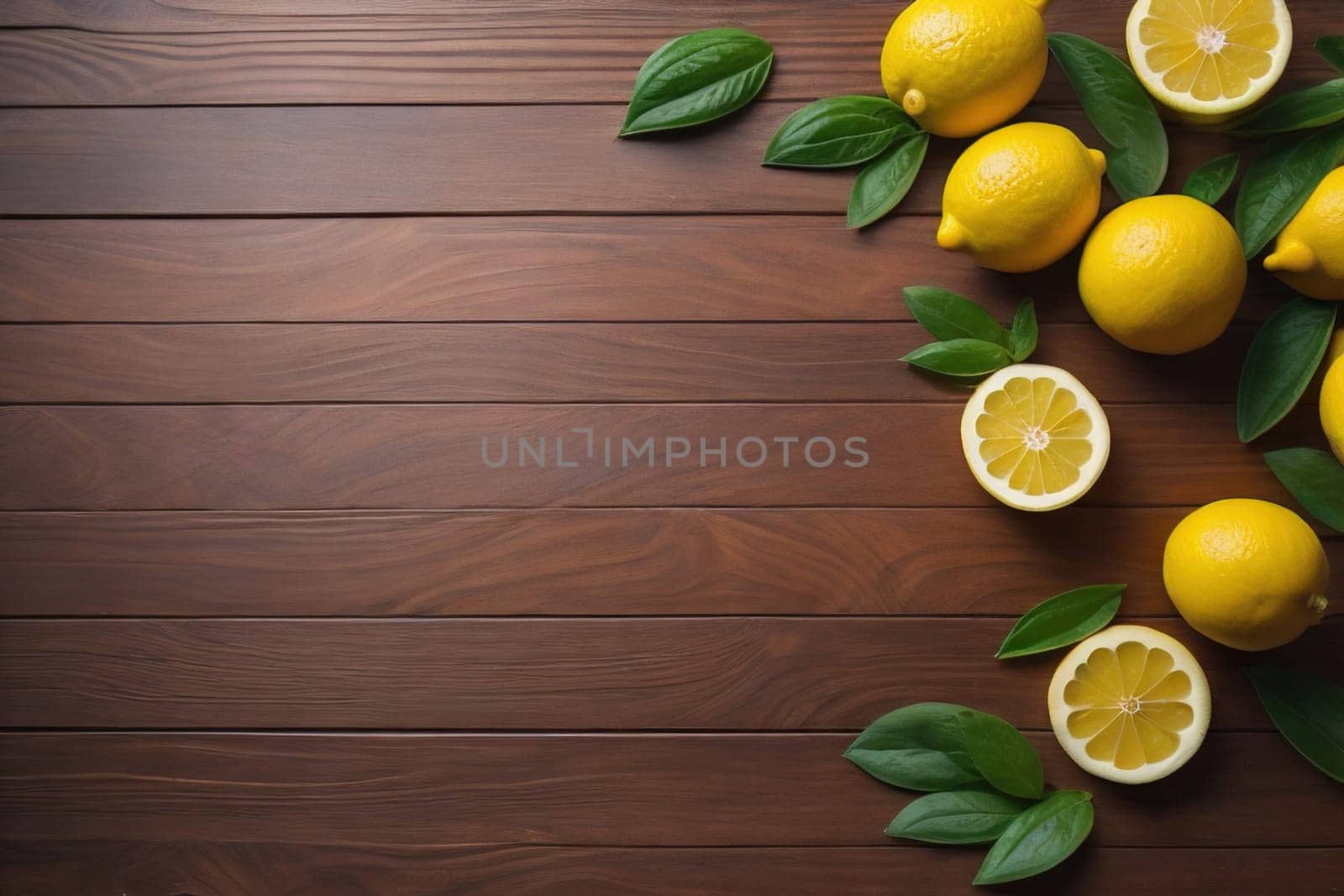 Lemon and slice of lemon on wooden background. Top view. ai generative by sanisra