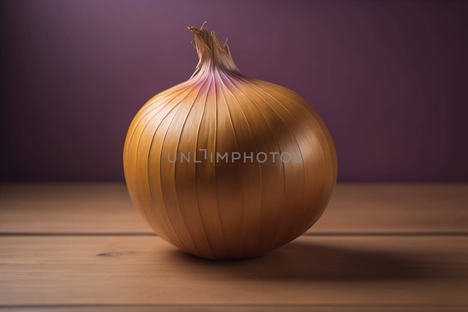Three onions on a wooden table in front of a solid color background. ai generative by sanisra