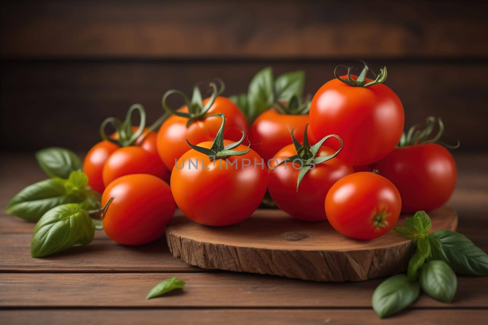 Tomatoes on a wooden table on a dark background. ai generative by sanisra