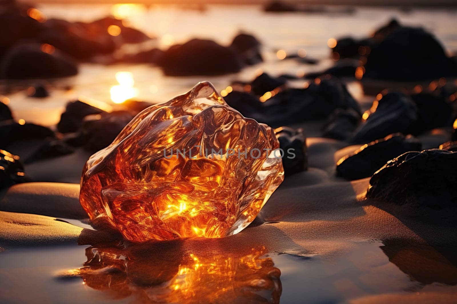 Large amber stone on the sand in the rays of sunset.