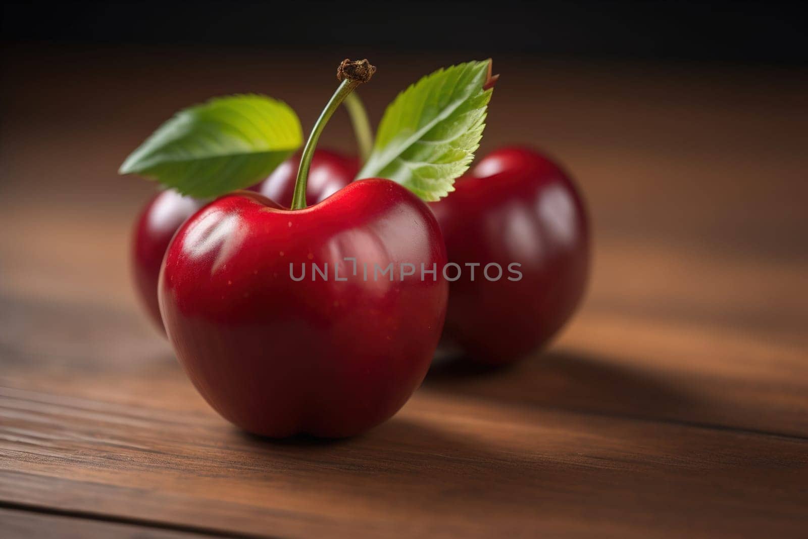 Red cherries on a wooden background. Close up. Selective focus. ai generative by sanisra