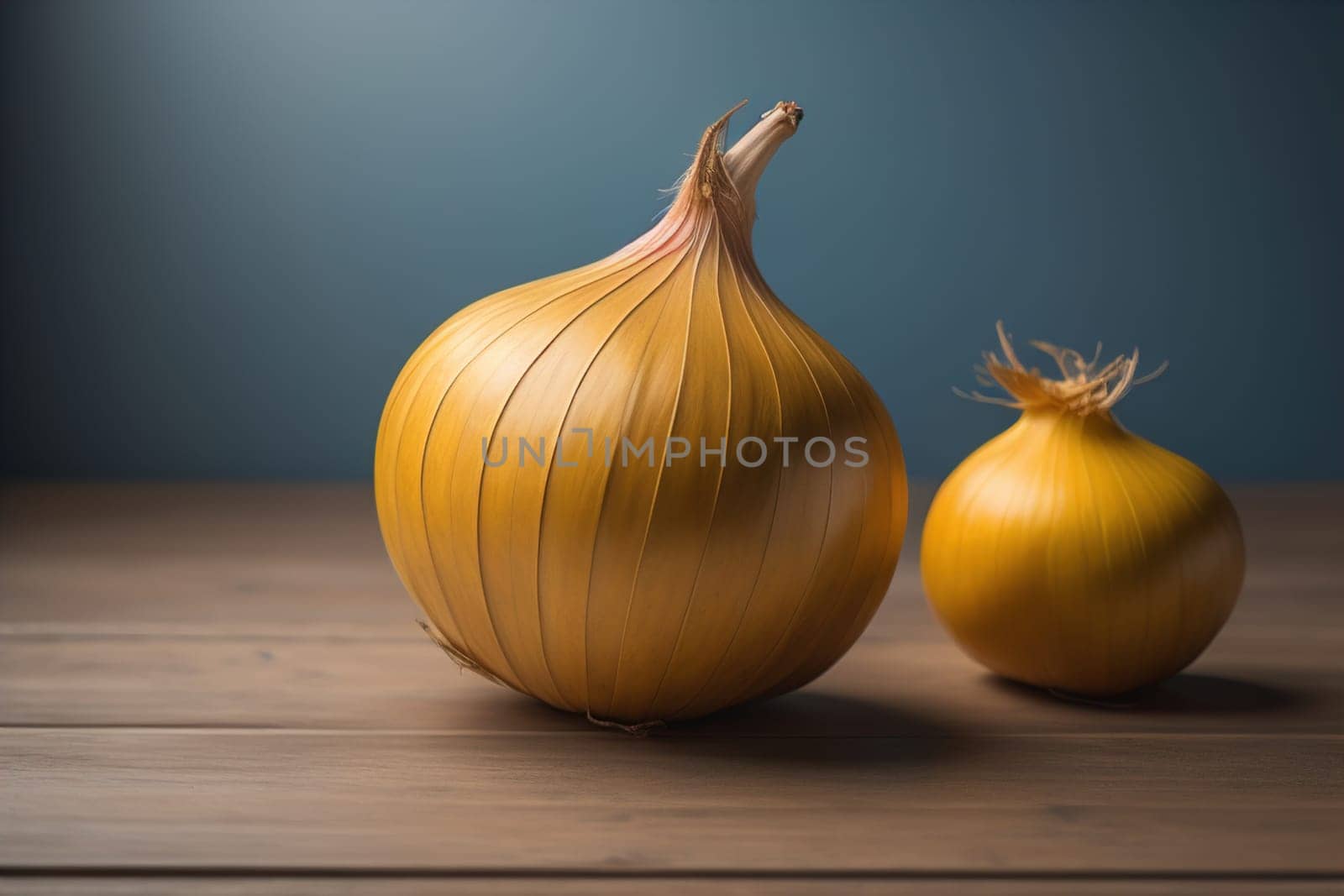 Three onions on a wooden table in front of a solid color background. ai generative by sanisra