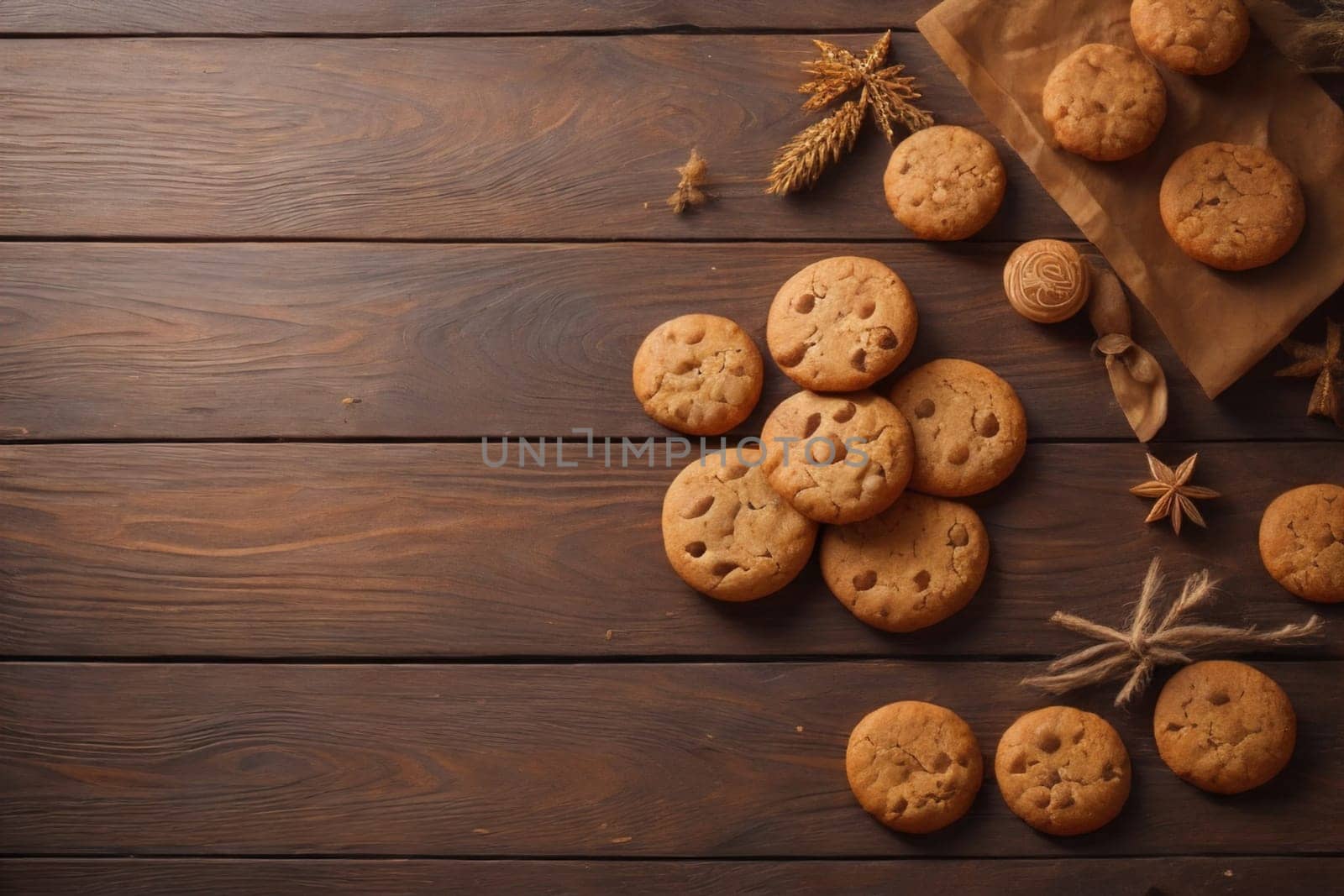 Cookies on a wooden table. Top view. ai generative by sanisra