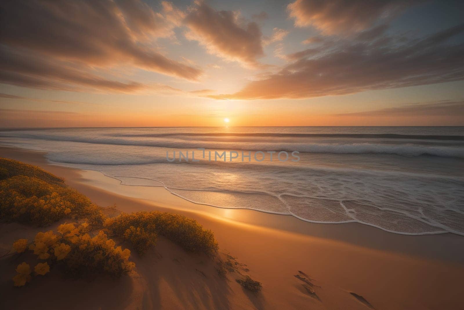 Beautiful sunset on the beach with reflection in the water. Long exposure. ai generative