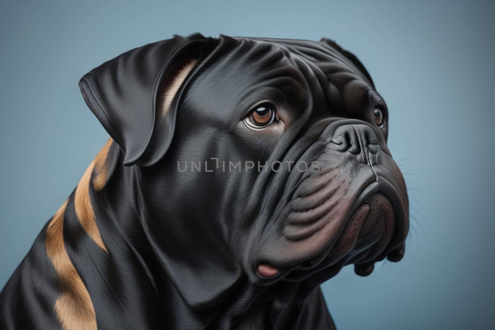 Close up portrait of a cute black dog on a orange background. ai generative