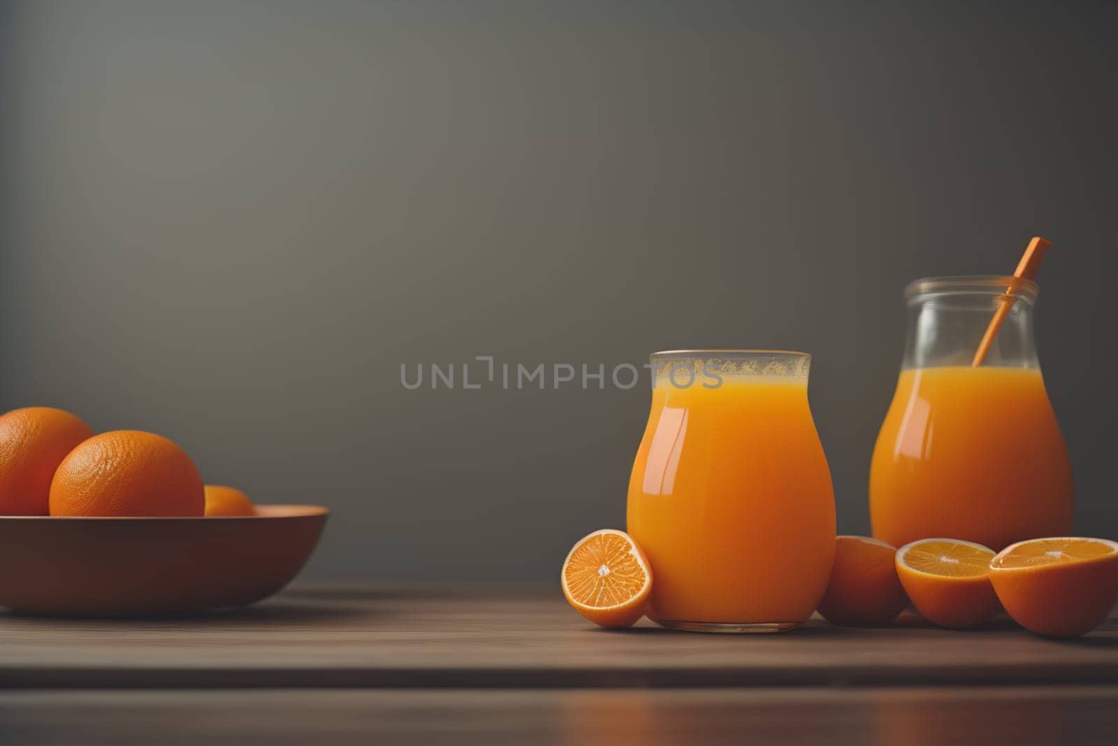 Glass of orange juice and fresh orange fruits. ai generative