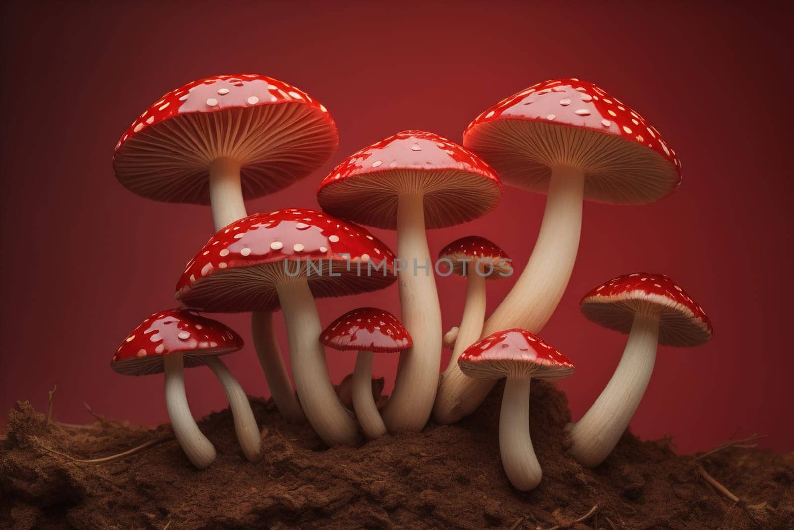 Mushrooms on a solid color background with green moss and water drops. generative ai