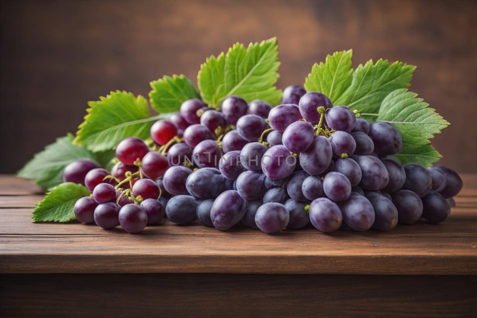 Bunch of fresh grapes on wooden table. Vintage style toned picture. ai generative