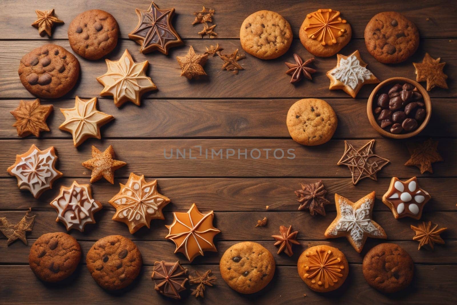 Cookies on a wooden table. Top view. ai generative by sanisra