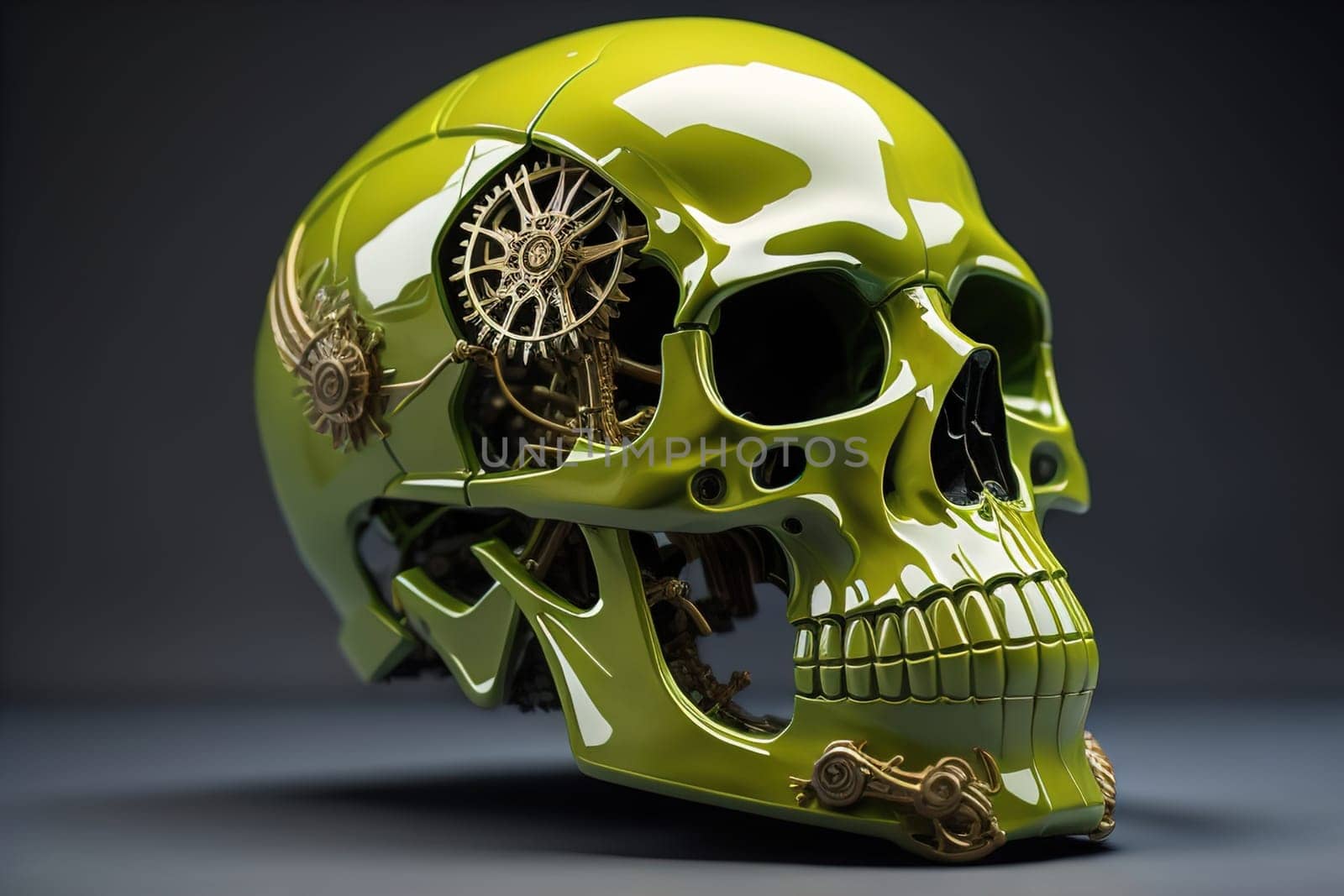 Human skull with gears and cogwheels. ai generative by sanisra