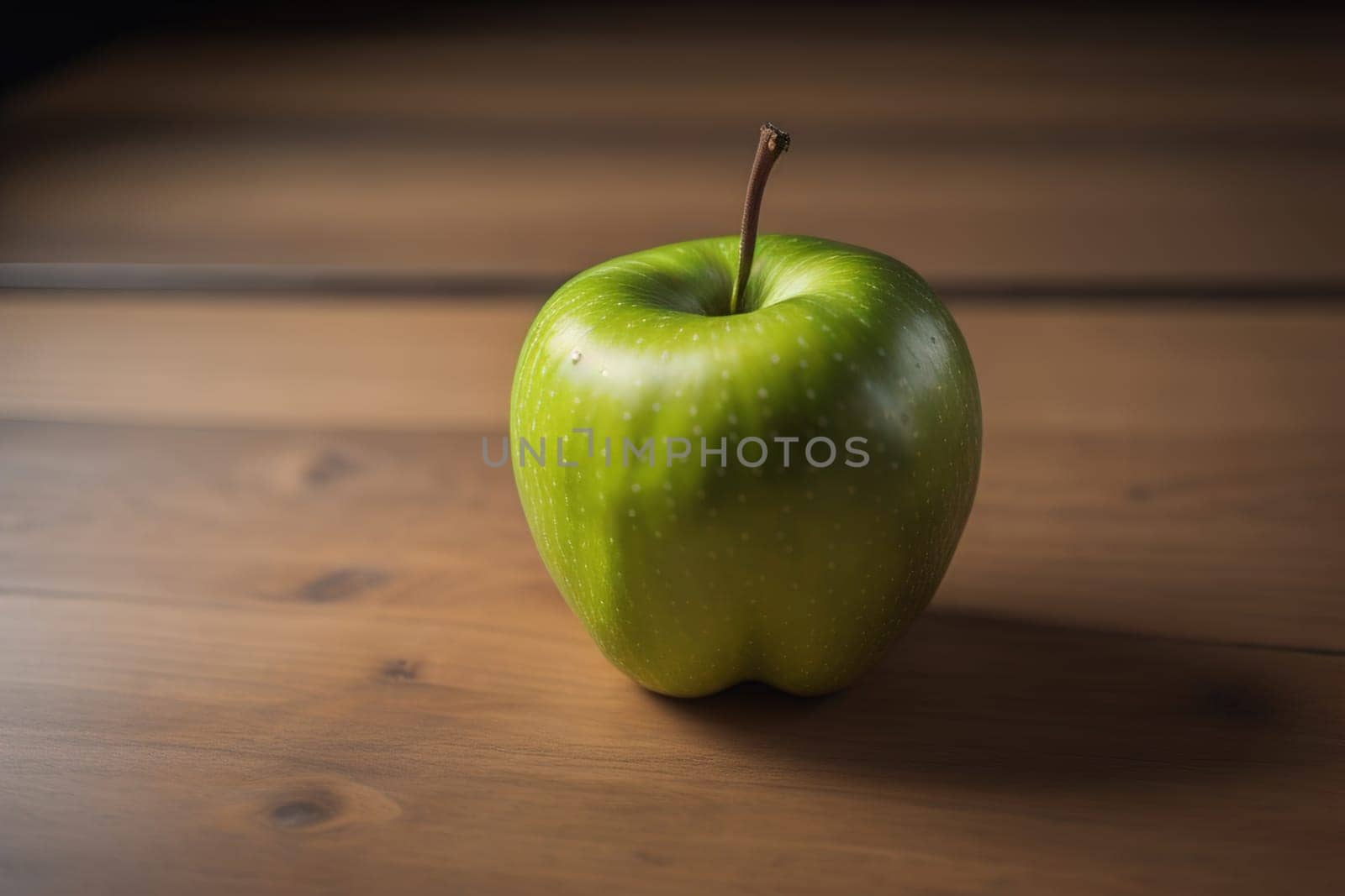 Green apple on a wooden table with dark background, shallow depth of field. The concept of healthy eating. ai generative