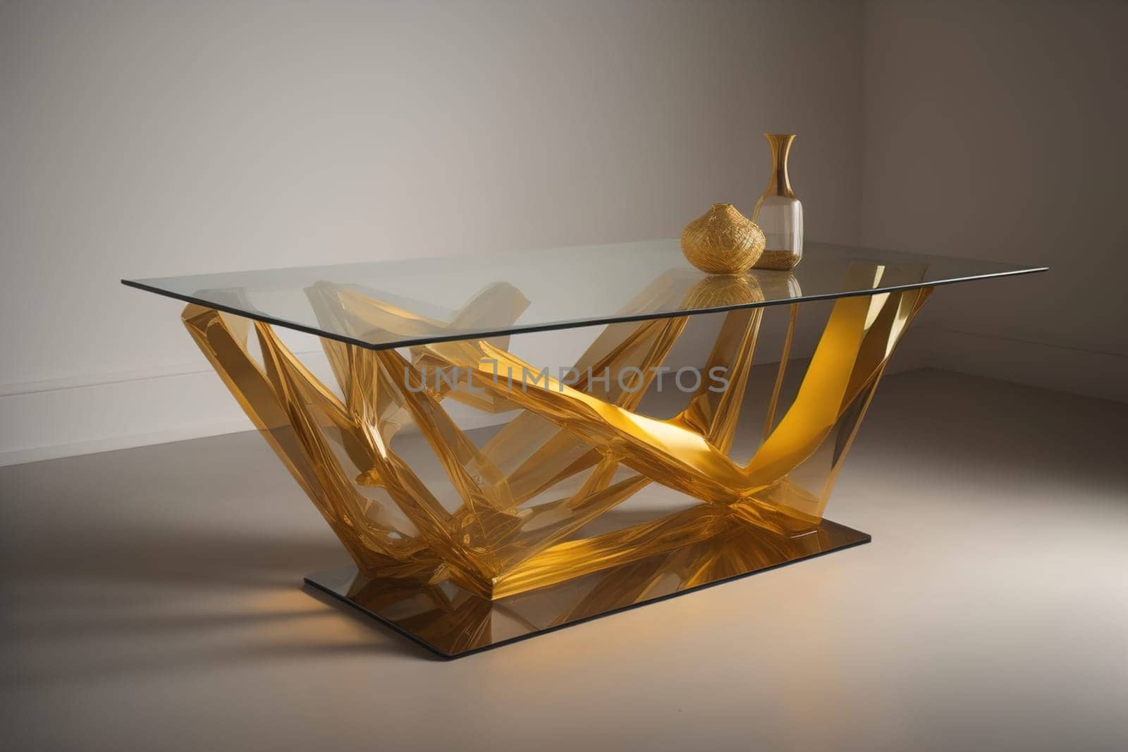 a glass table in a room. ai generative