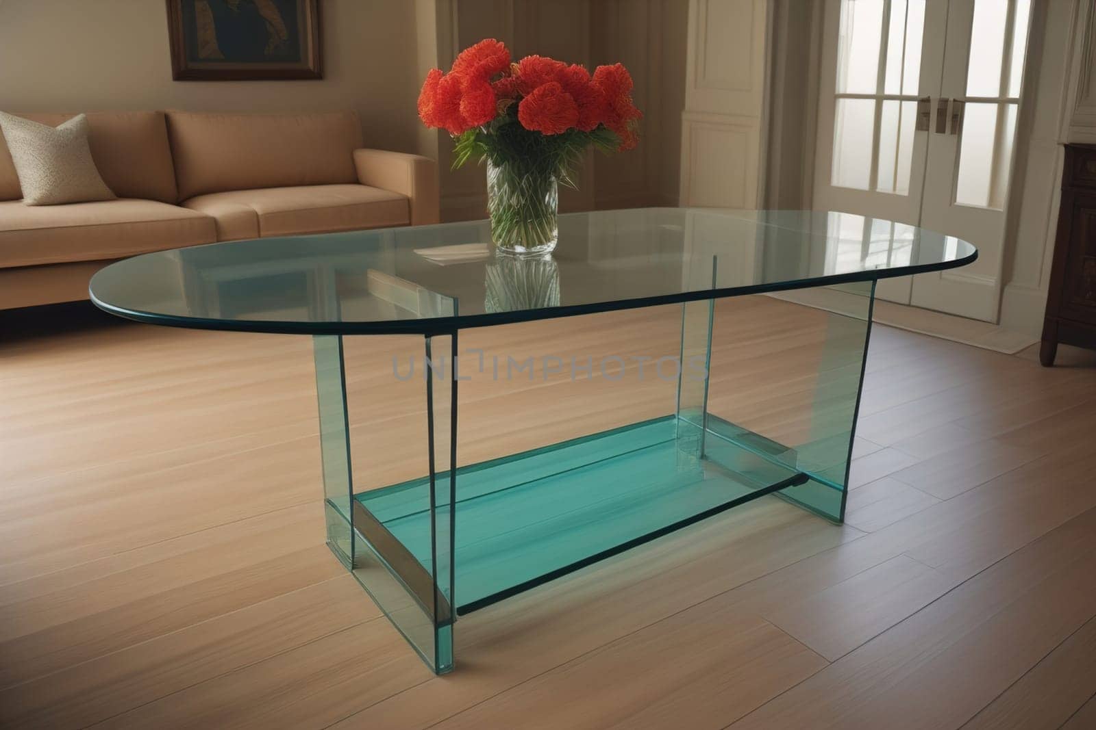 a glass table in a room. ai generative