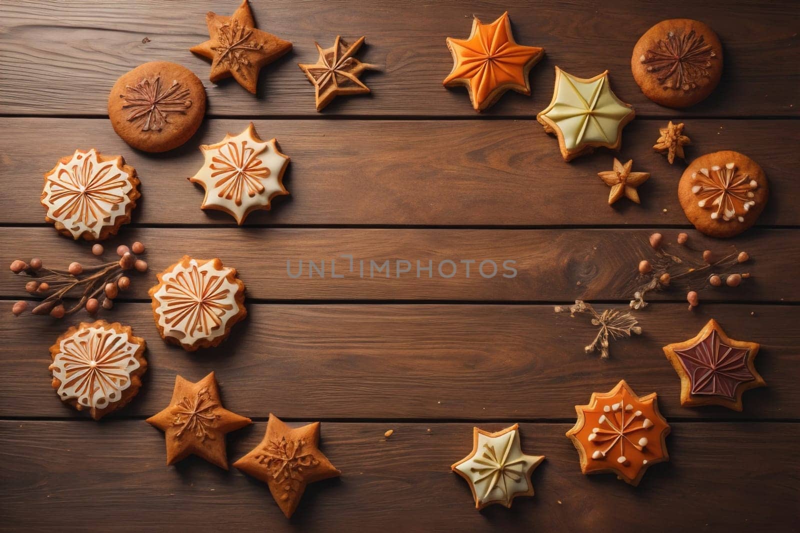 Cookies on a wooden table. Top view. ai generative by sanisra