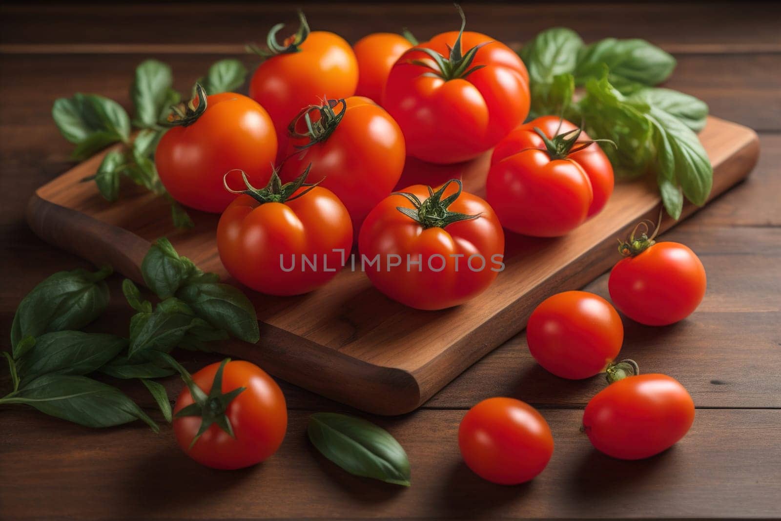 Tomatoes on a wooden table on a dark background. ai generative