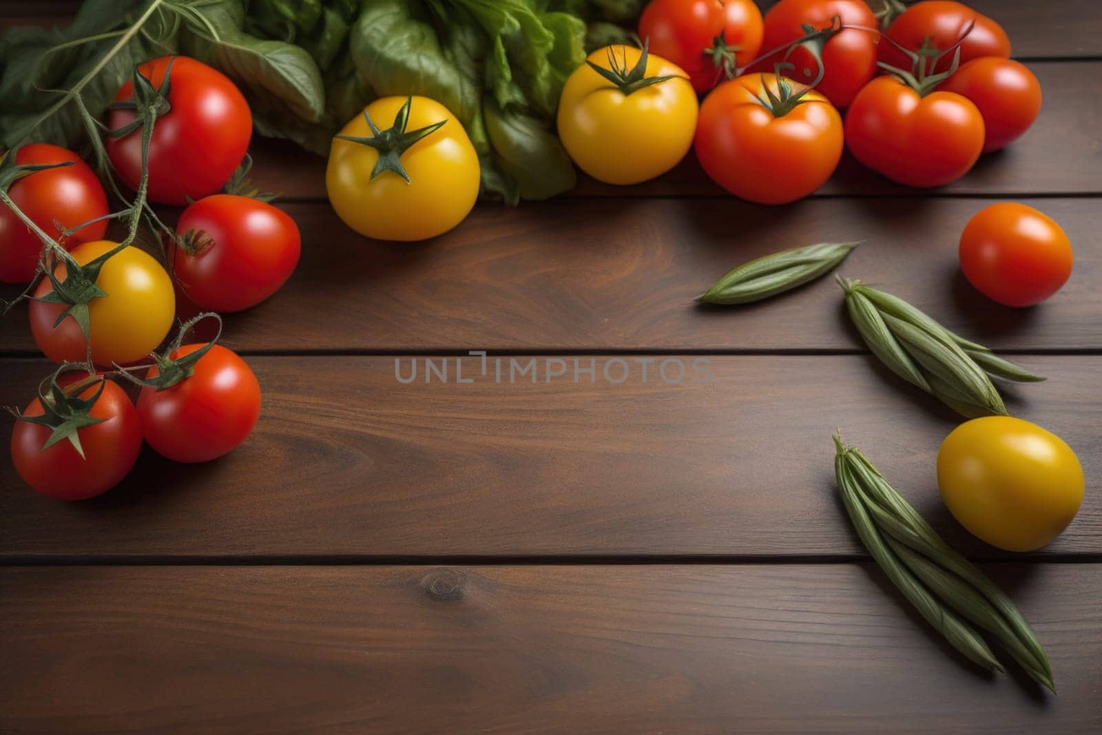 Tomatoes on a wooden table on a dark background. ai generative