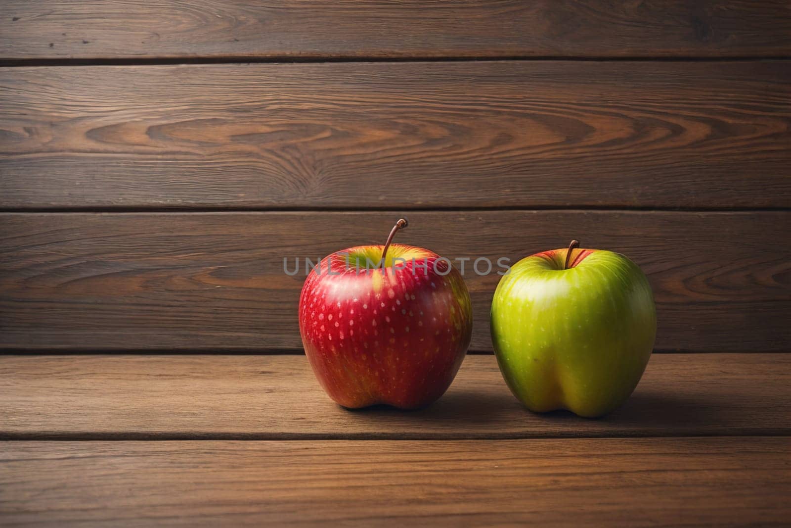 Red apple on a wooden background. ai generative