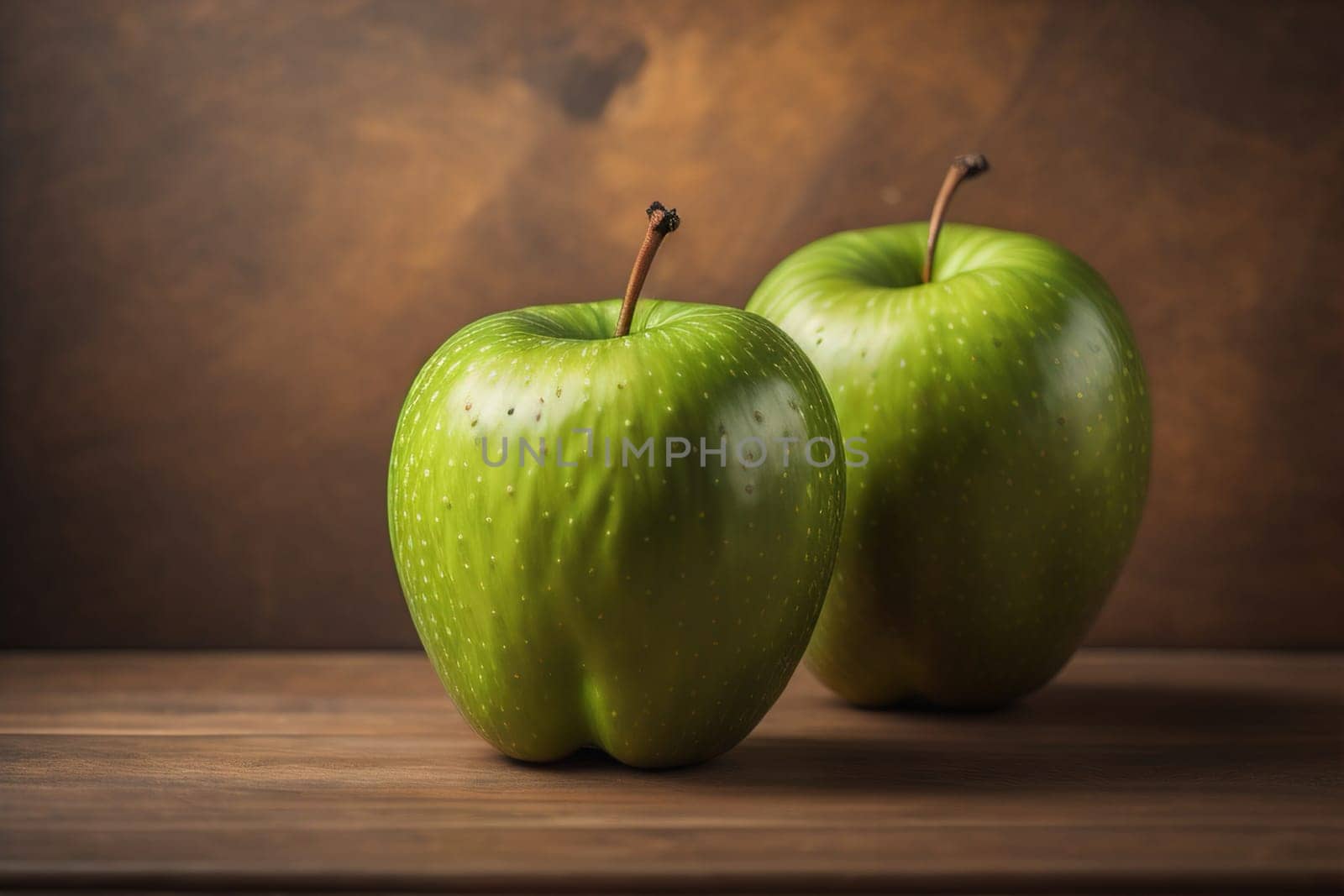 Green apple on a wooden table with dark background, shallow depth of field. The concept of healthy eating. ai generative