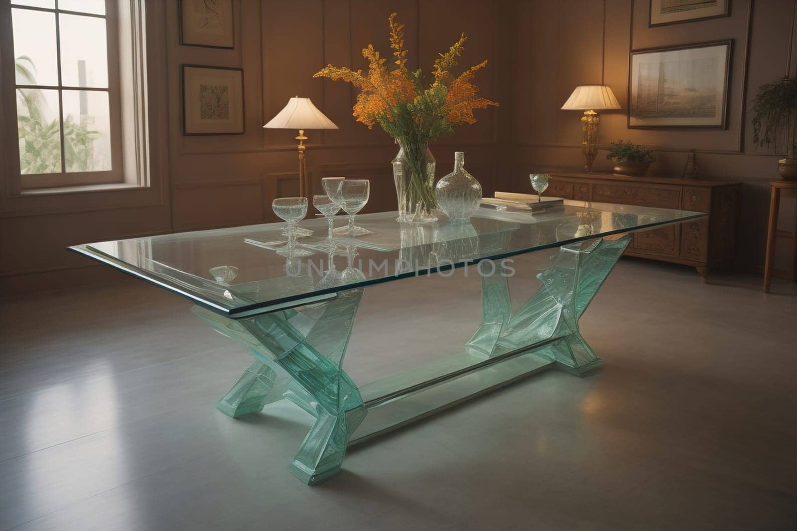 a glass table in a room. ai generative by sanisra