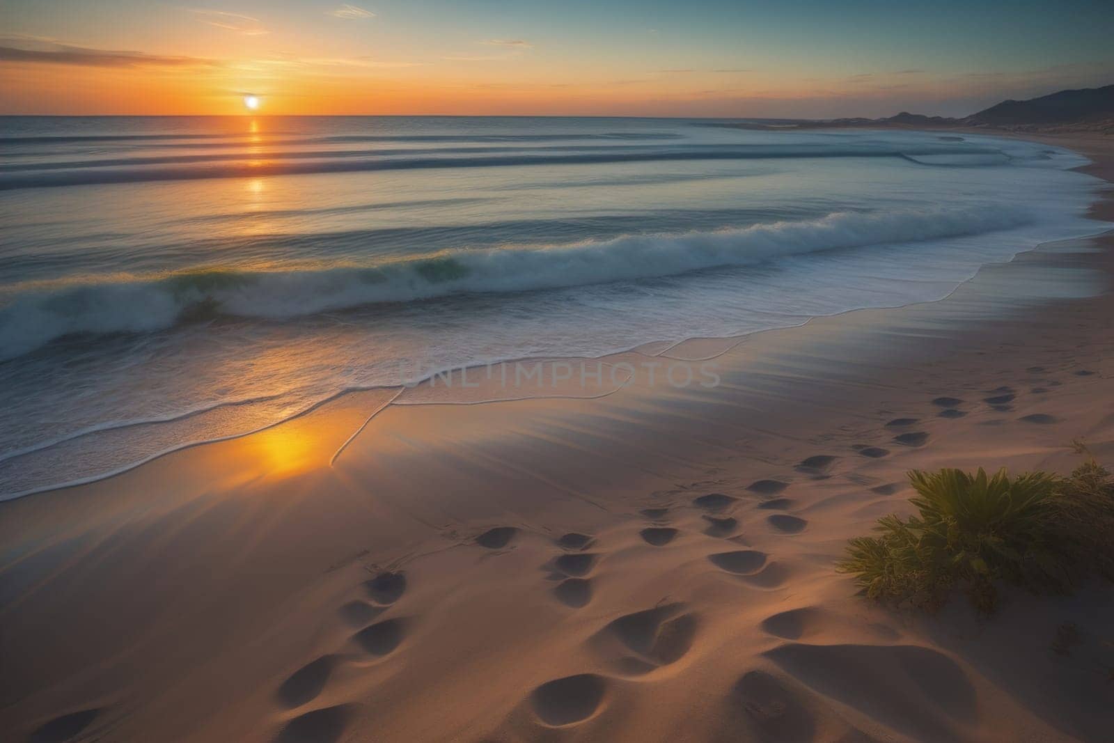 Beautiful sunset on the beach with reflection in the water. Long exposure. ai generative by sanisra