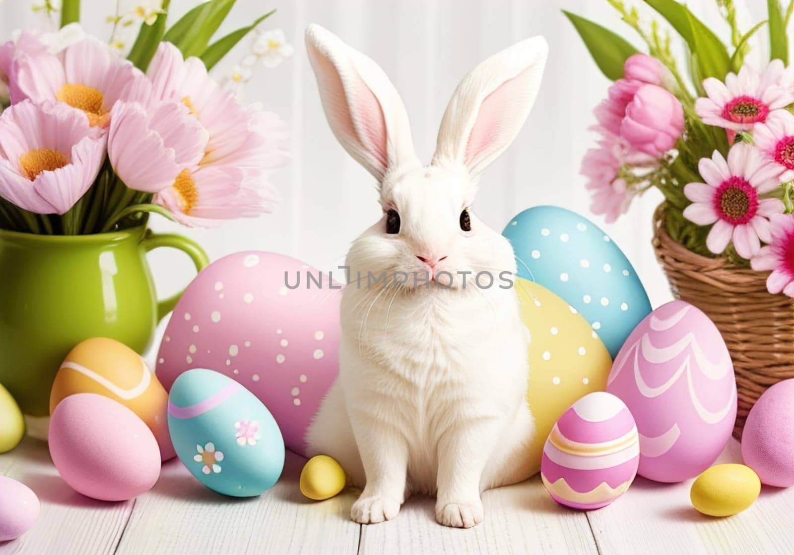 Easter bunny with colorful eggs in nest. ai generative