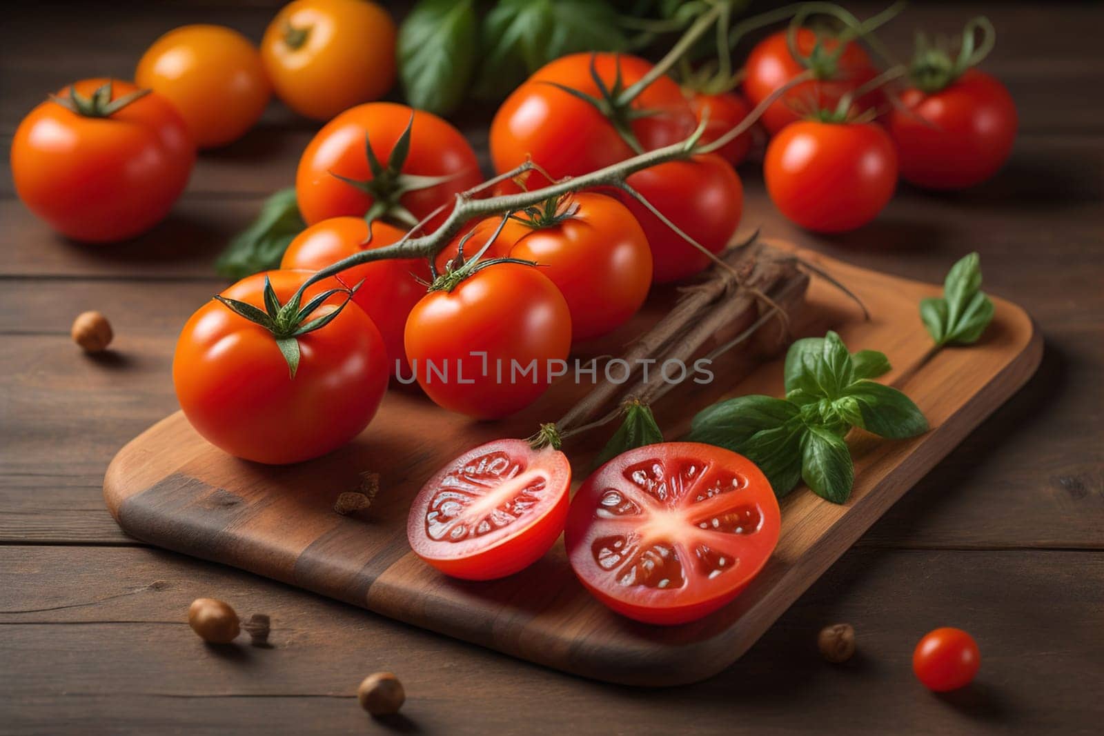 Tomatoes on a wooden table on a dark background. ai generative by sanisra