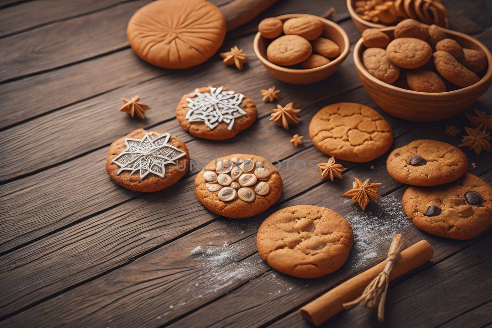Cookies on a wooden table. Top view. ai generative