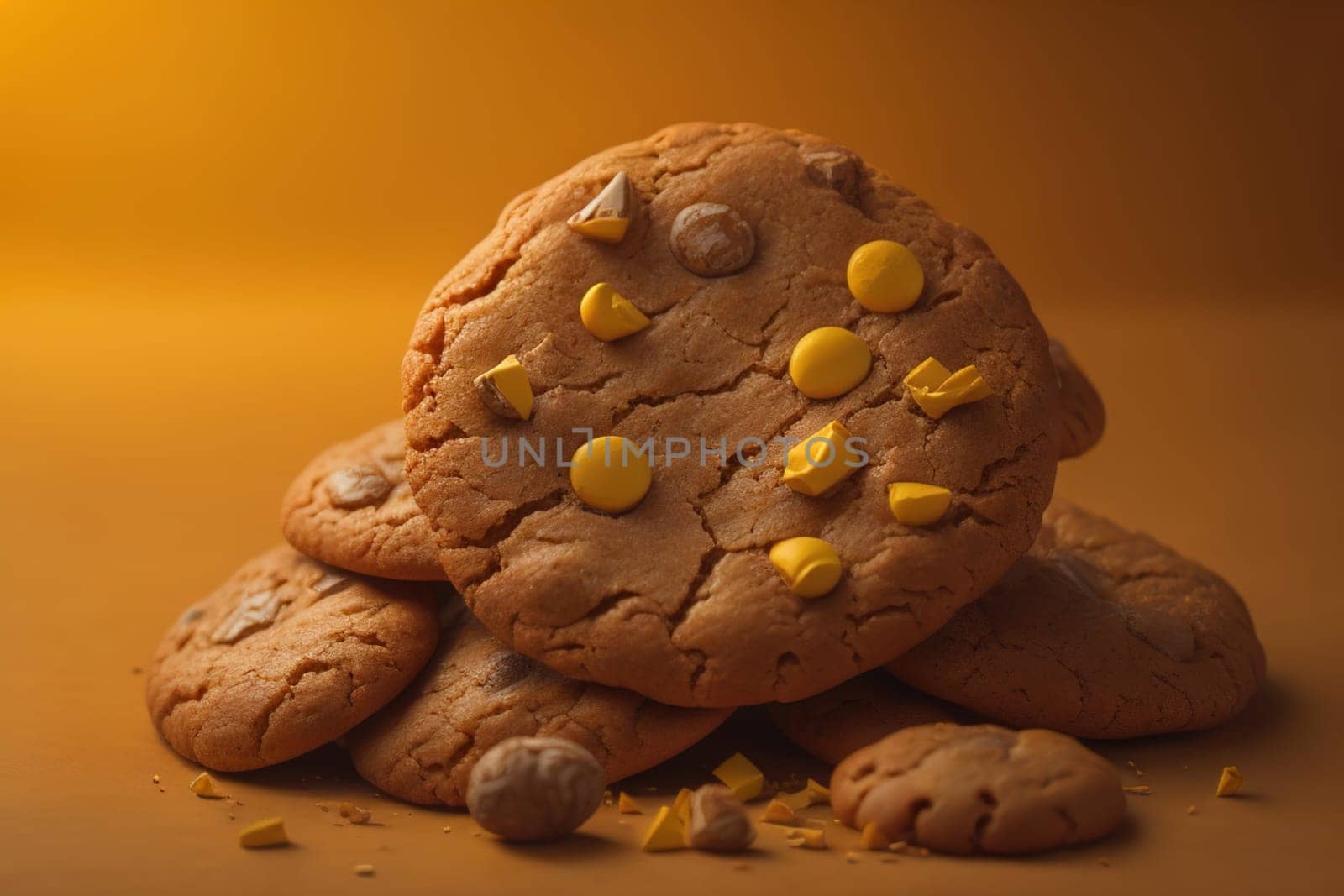 Chocolate chip cookies on orange background. Close up. Selective focus. ai generative by sanisra