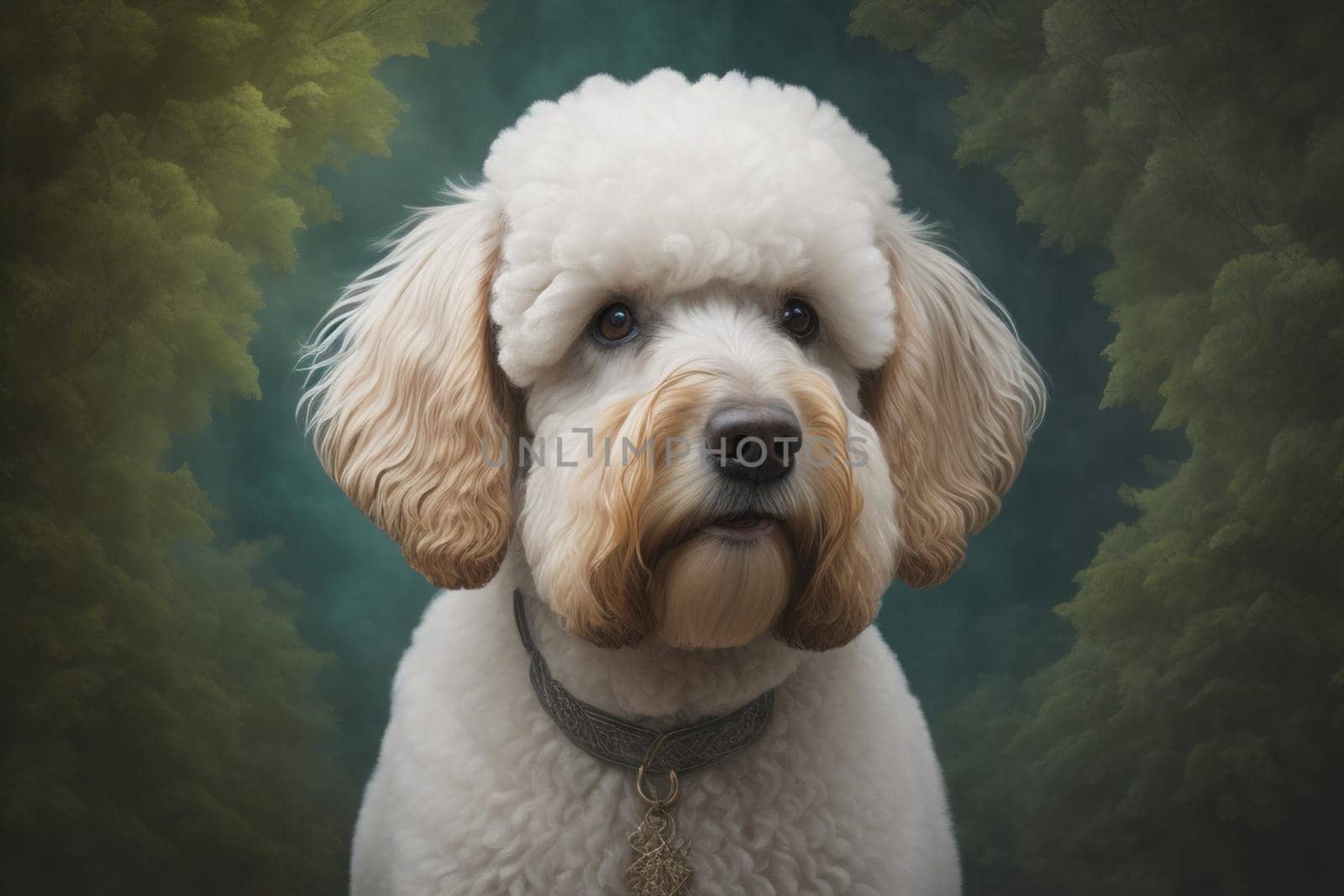 Close-up portrait of a poodle dog on a solid color background. ai generative