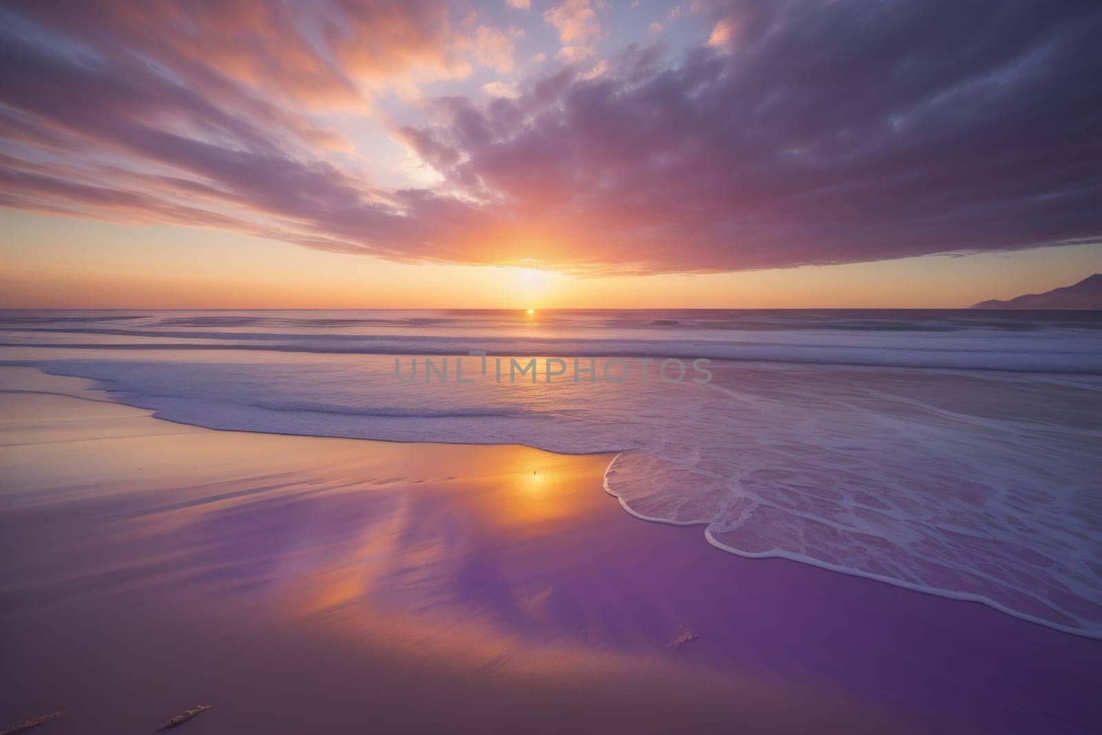 Beautiful sunset on the beach with reflection in the water. Long exposure. ai generative