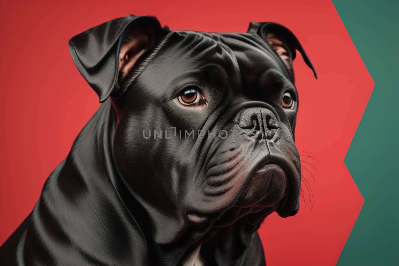 Close up portrait of a cute black dog on a orange background. ai generative by sanisra