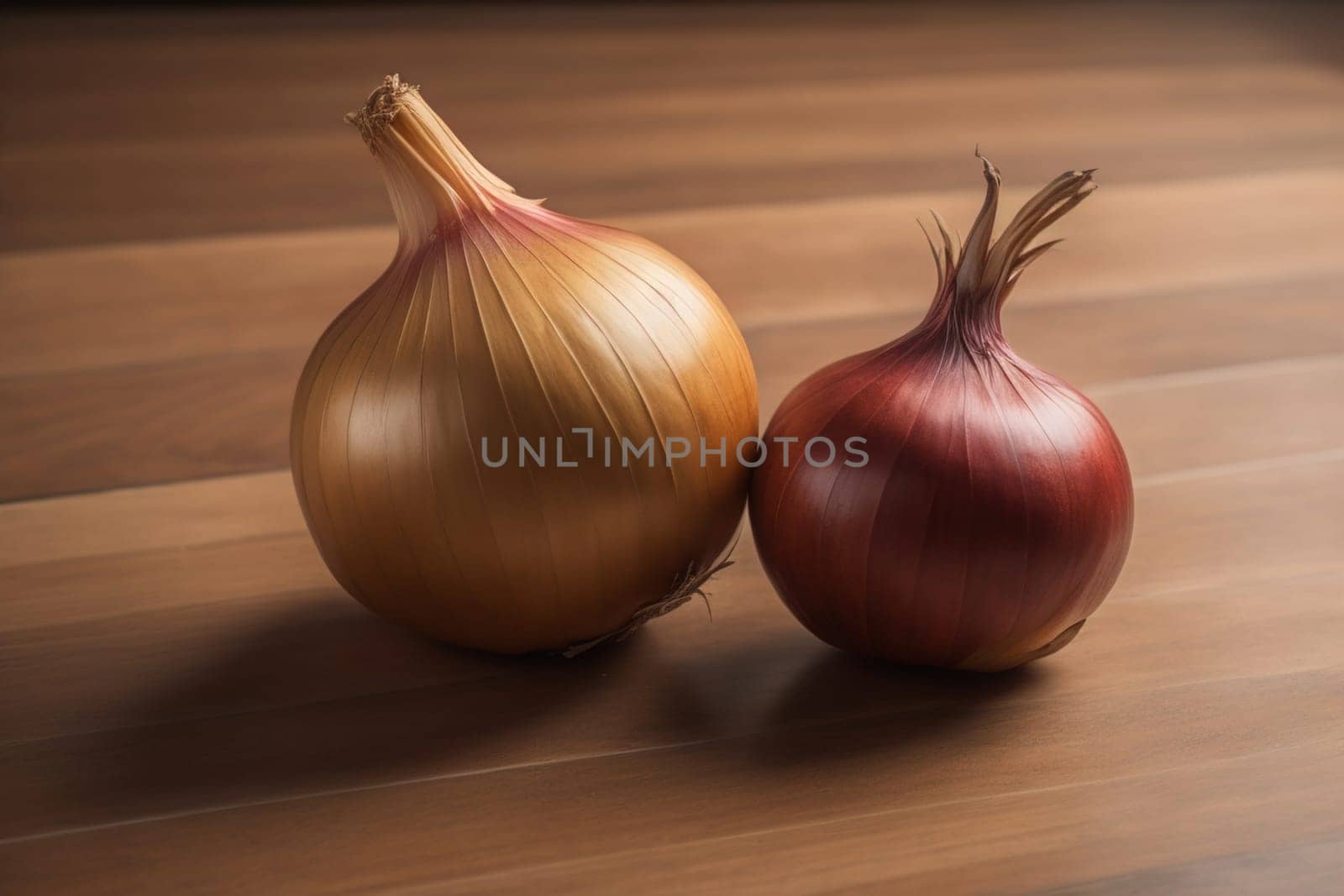 Three onions on a wooden table in front of a solid color background. ai generative