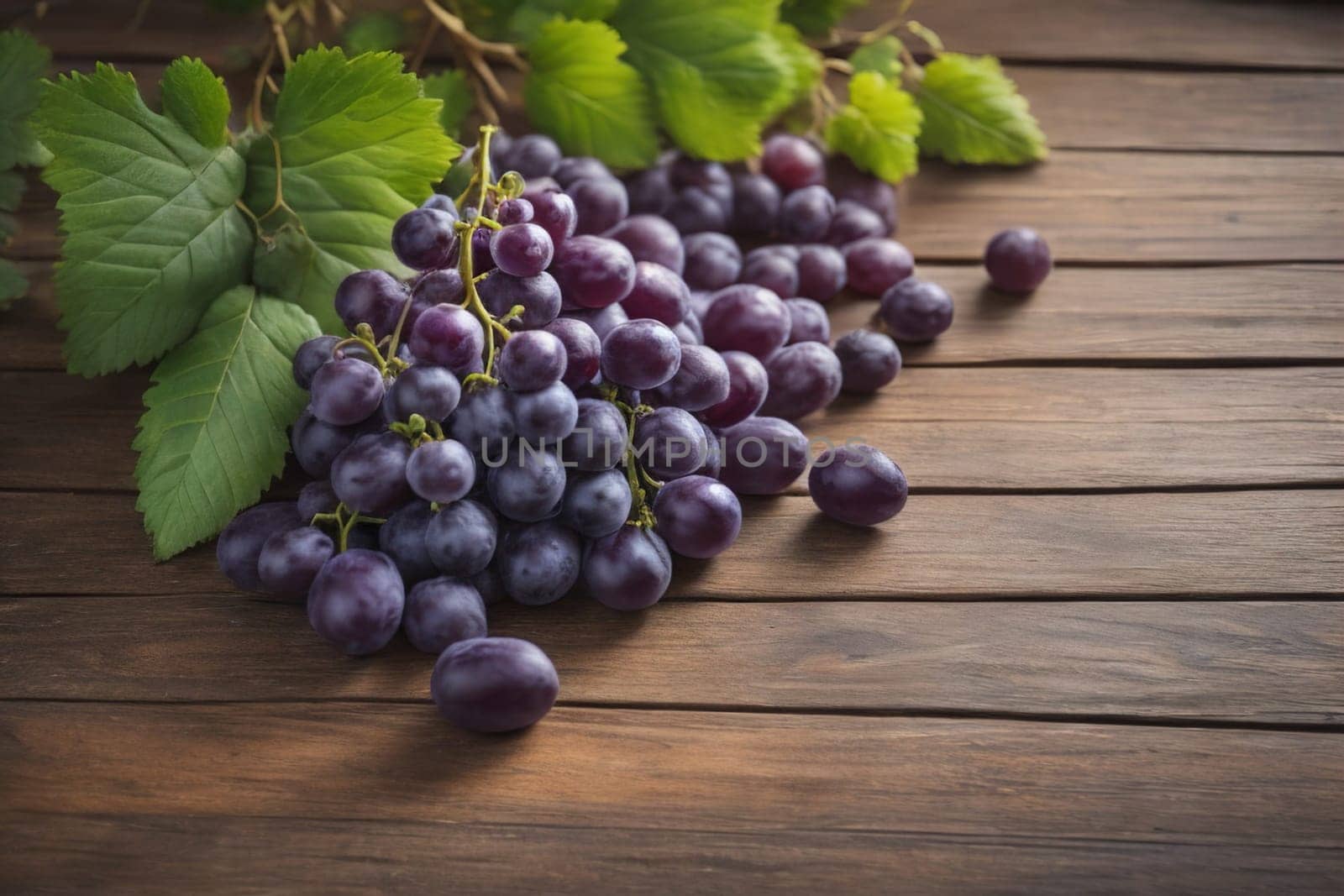 Bunch of fresh grapes on wooden table. Vintage style toned picture. ai generative