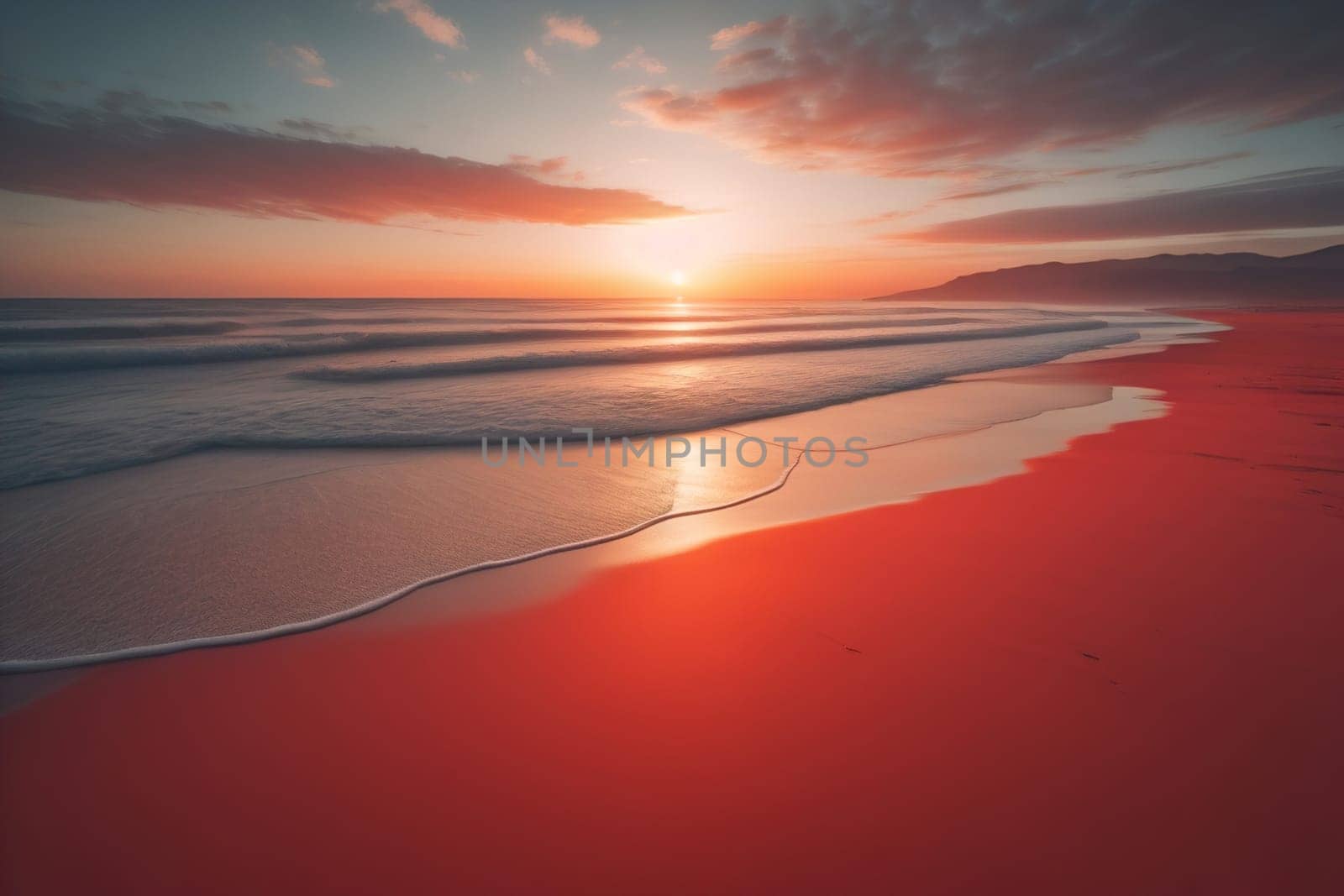 Beautiful sunset on the beach with reflection in the water. Long exposure. ai generative