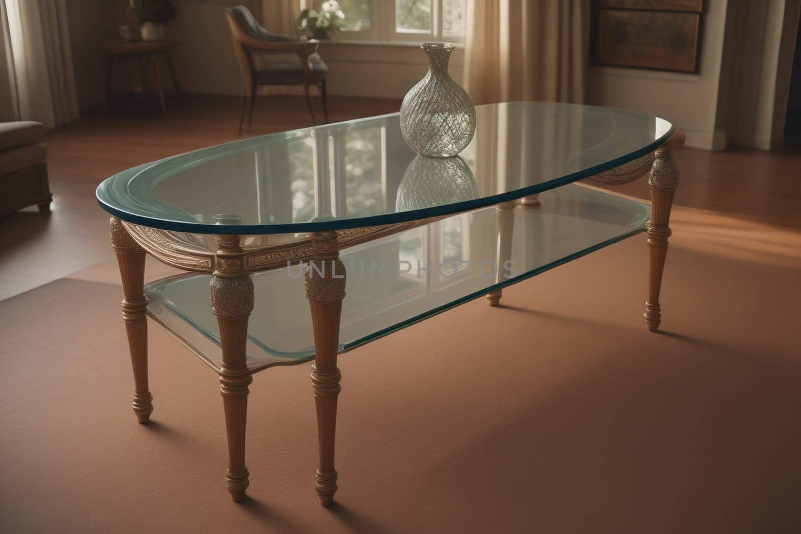 a glass table in a room. ai generative